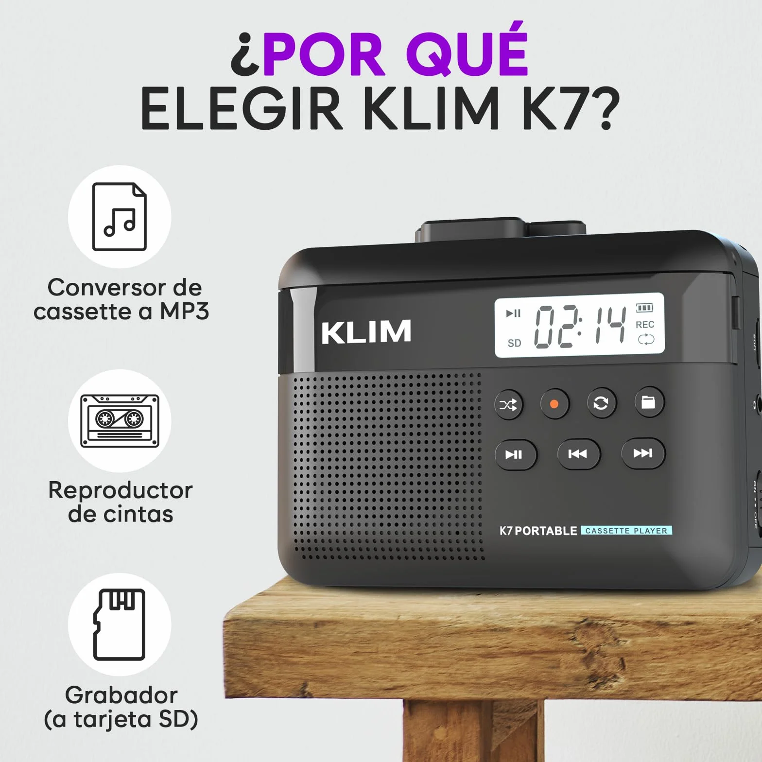 KLIM K7 Reproductor Cassette a MP3 Portátil con Micrófono y Altavoz Integrados Batería Recargable Negro