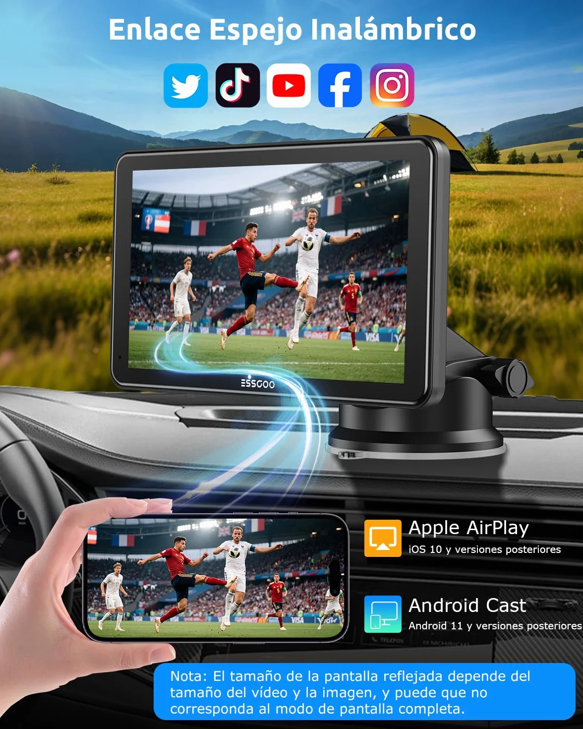 ESSGOO Pantalla Carplay Coche con Cámara Retrovisora,7 Pulgadas Apple Car Play Android Auto Inalámbrico,Pantalla Táctil Portátil Radio Coche con Bluetooth,Airplay,Mirror Link,FM,AUX,Siri,Navegación