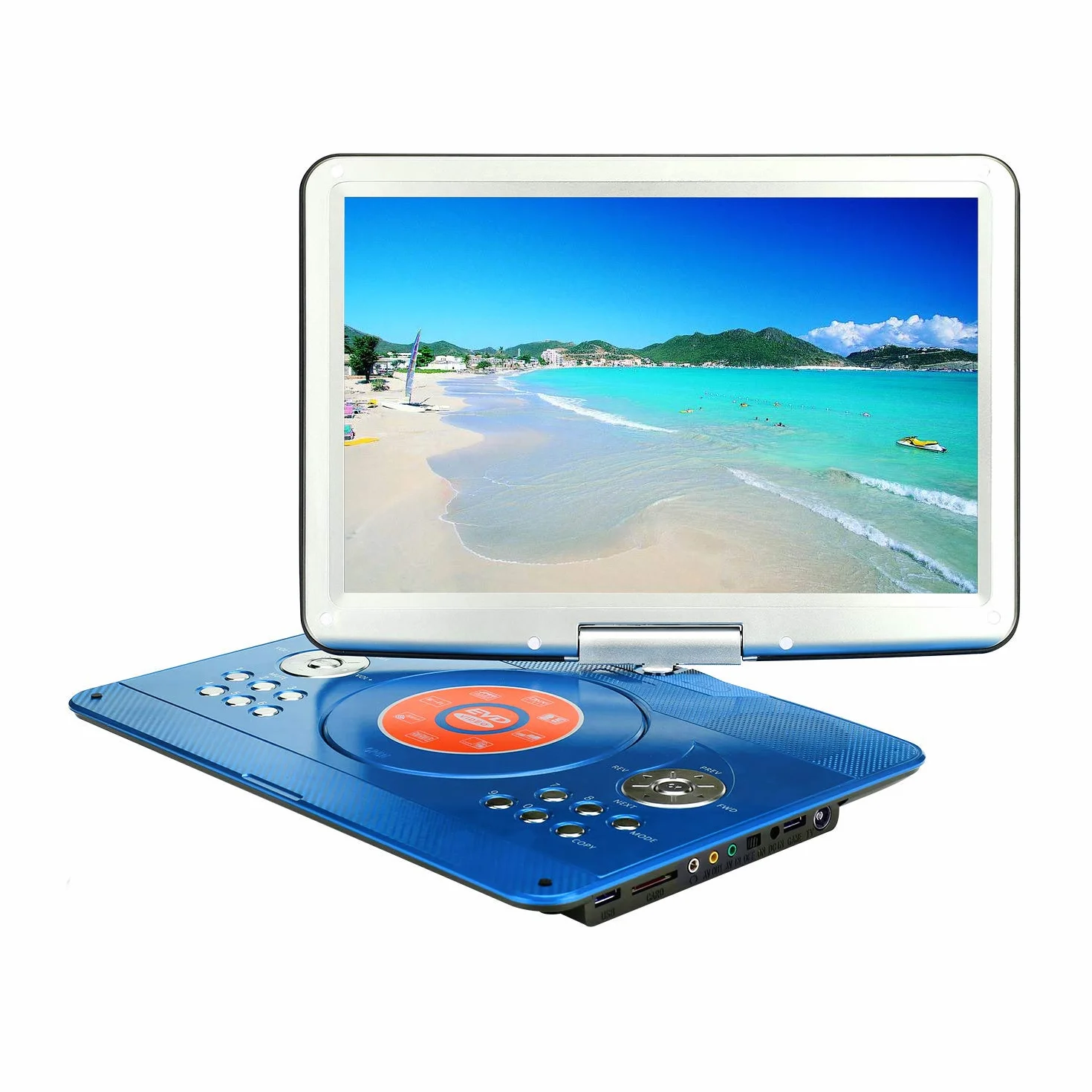 YOOHOO Lecteurs DVD Portables 16,9" Avec Grand écran LCD pivotant de 14,1" Lecteurs DVD de Voyage pour Enfants Adaptateur de Voiture Rechargeable Prise en Charge de la Carte, télécommande, Bleu
