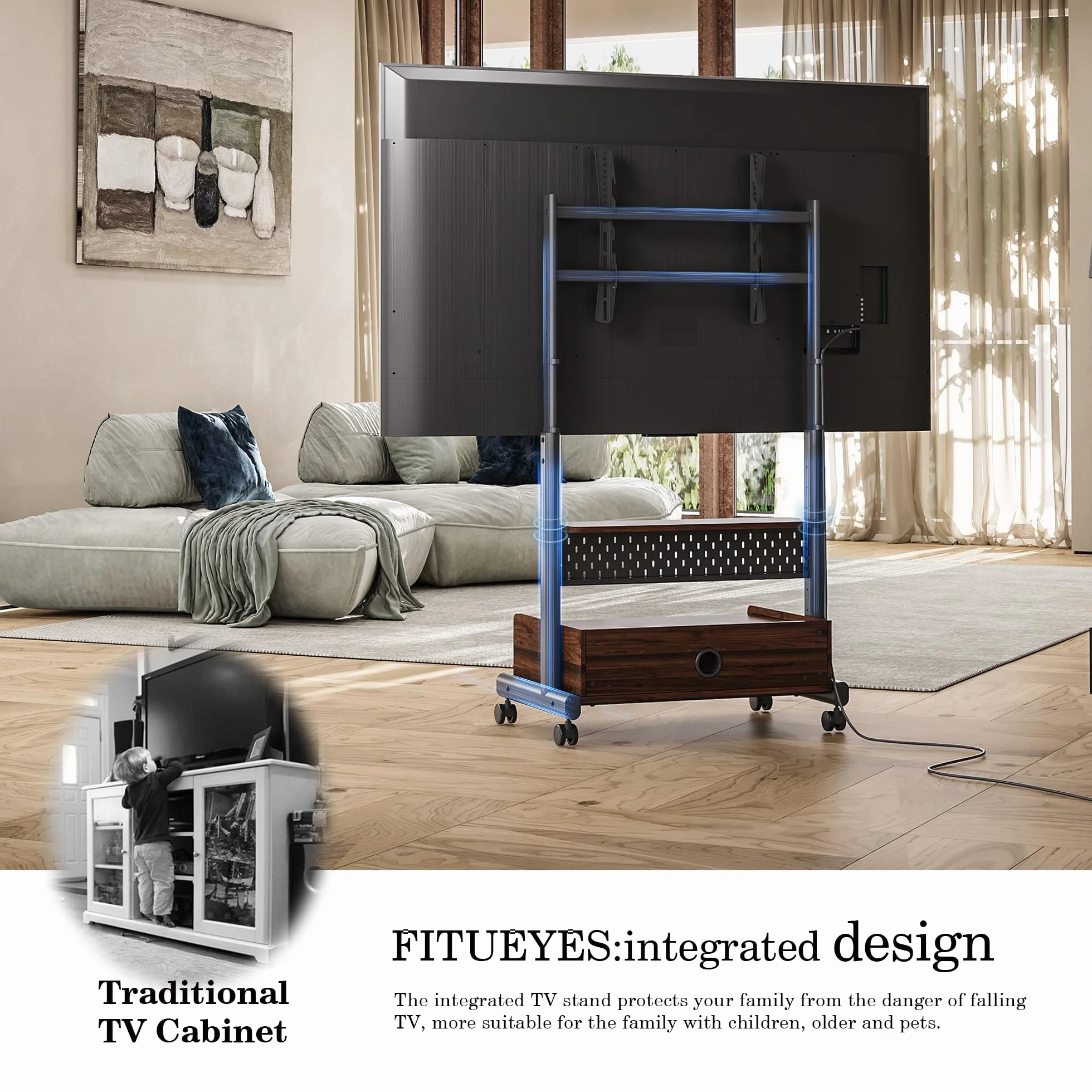FITUEYES Soporte TV con Ruedas para Pantallas de 40 a 85 Pulgadas,MAX Carga de 60kg,Soporte TV Móvil con Mueble de Madera y Tablero Perforado,Altura Ajustable y Gestión de Cable,Serie K