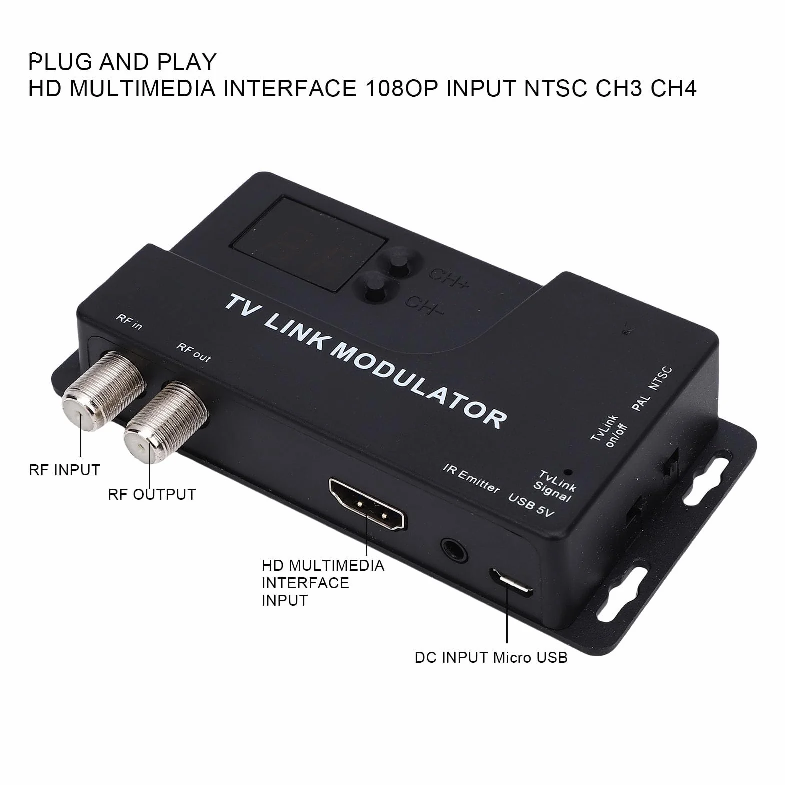 Topiky Modulador HDMI a RF, Convertidor Coaxial VHF UHF AV a RF para Formato TV PAL NTSC, Micro Modulador de TV RF, Conmutador de Canal de 471,25 MHz a 885,25 MHz Convertidor Coaxial