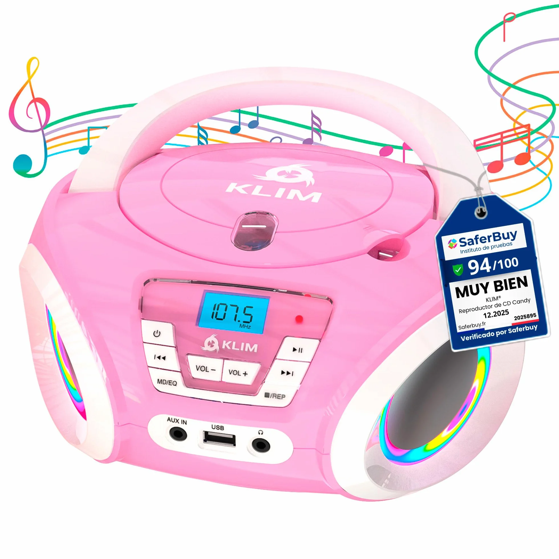 KLIM Candy Reproductor de CD para niños Radio FM Baterías Incluidas USB AUX Rosa
