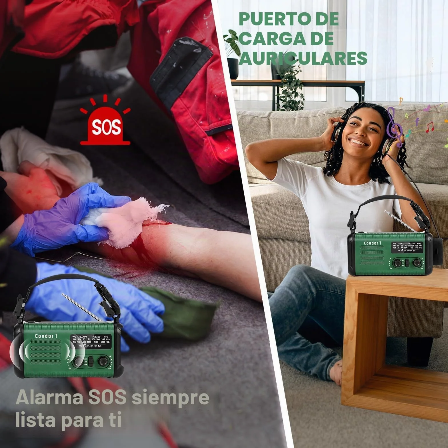 Radio de Emergencia 20000 mAh Solar de Manivela AM/FM con Cargador Teléfono SOS Linterna