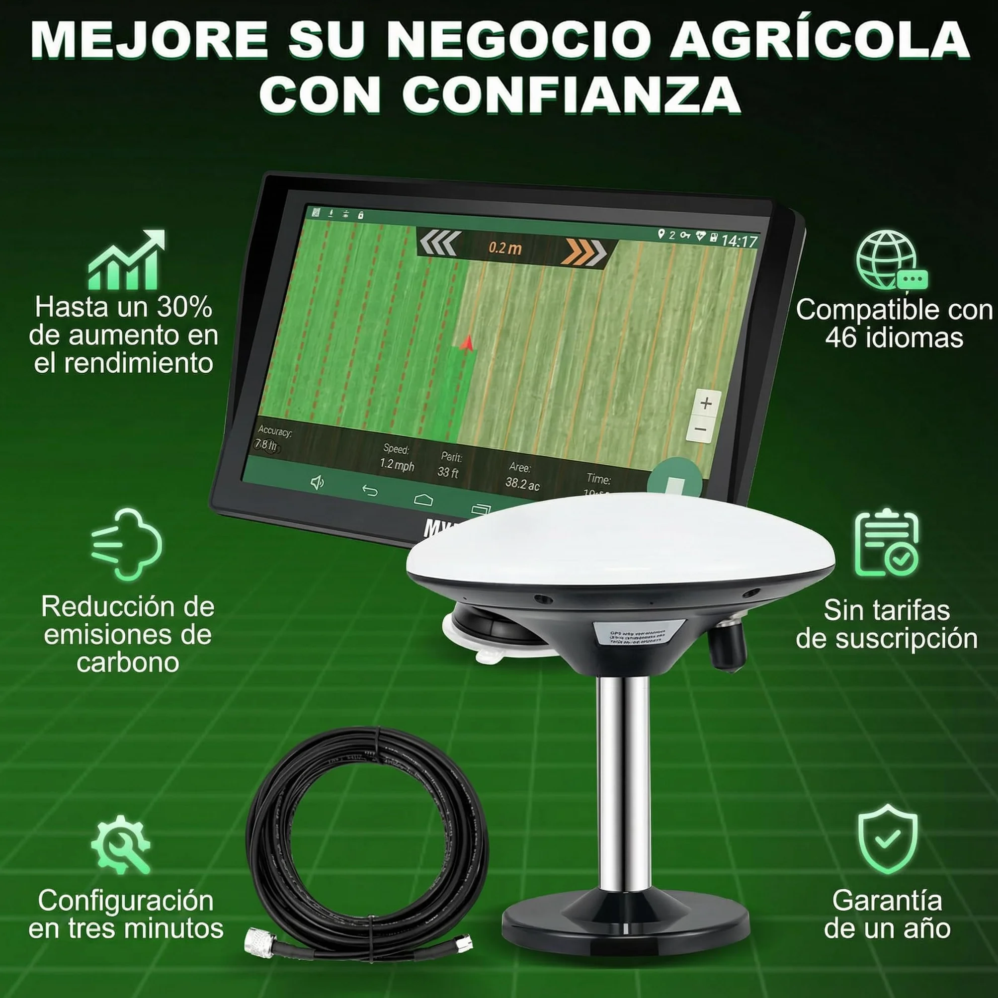 Navegador GPS para Tractor para Agricultura de Precisión, Navegador Agrícola GNSS con Pantalla Táctil de 9", Adecuado para Pulverización, Arado y Siembra, Posicionamiento Automático