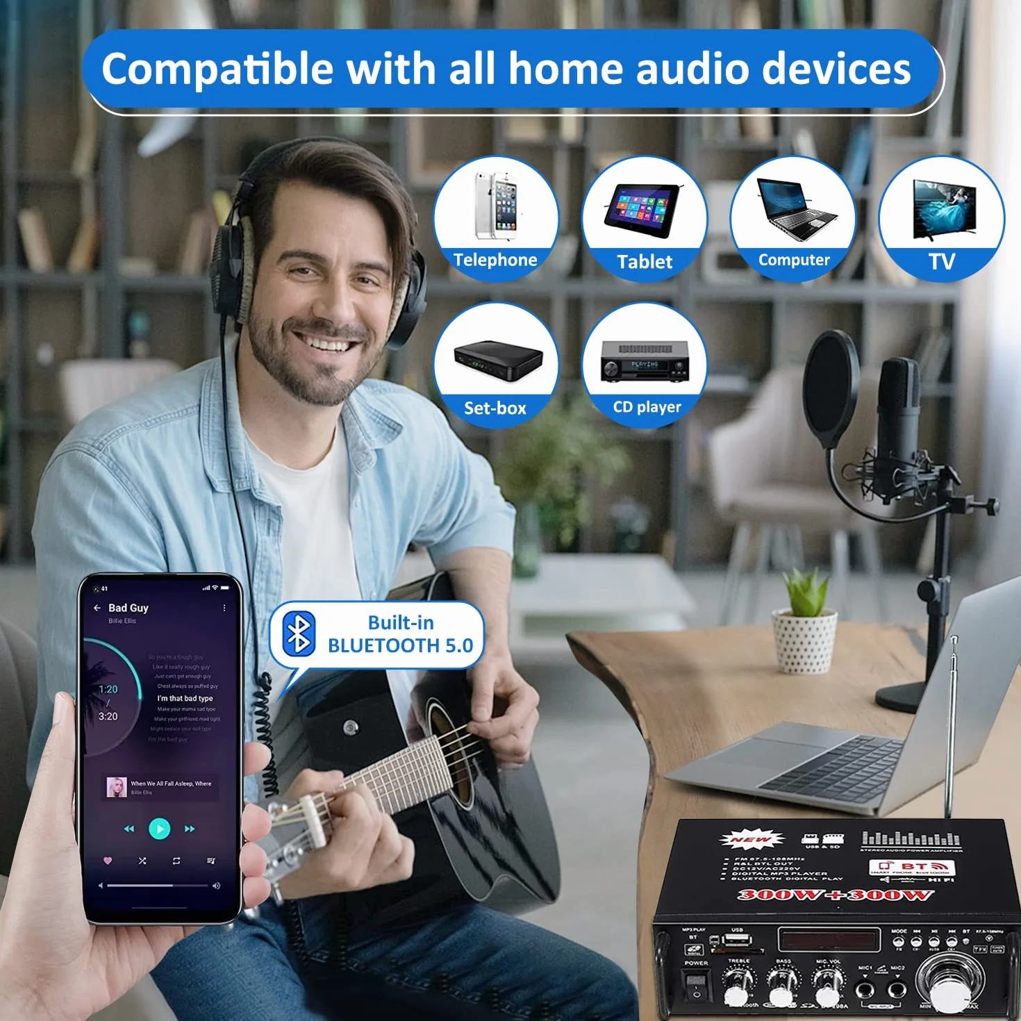 Amplificador Audio HiFi 600W con Bluetooth 5.0, 12V 220V 2 Canales, Pantalla LCD, Alta Fidelidad, Radio FM Portátil, SD Card/USB Input, para Hogar o Coche