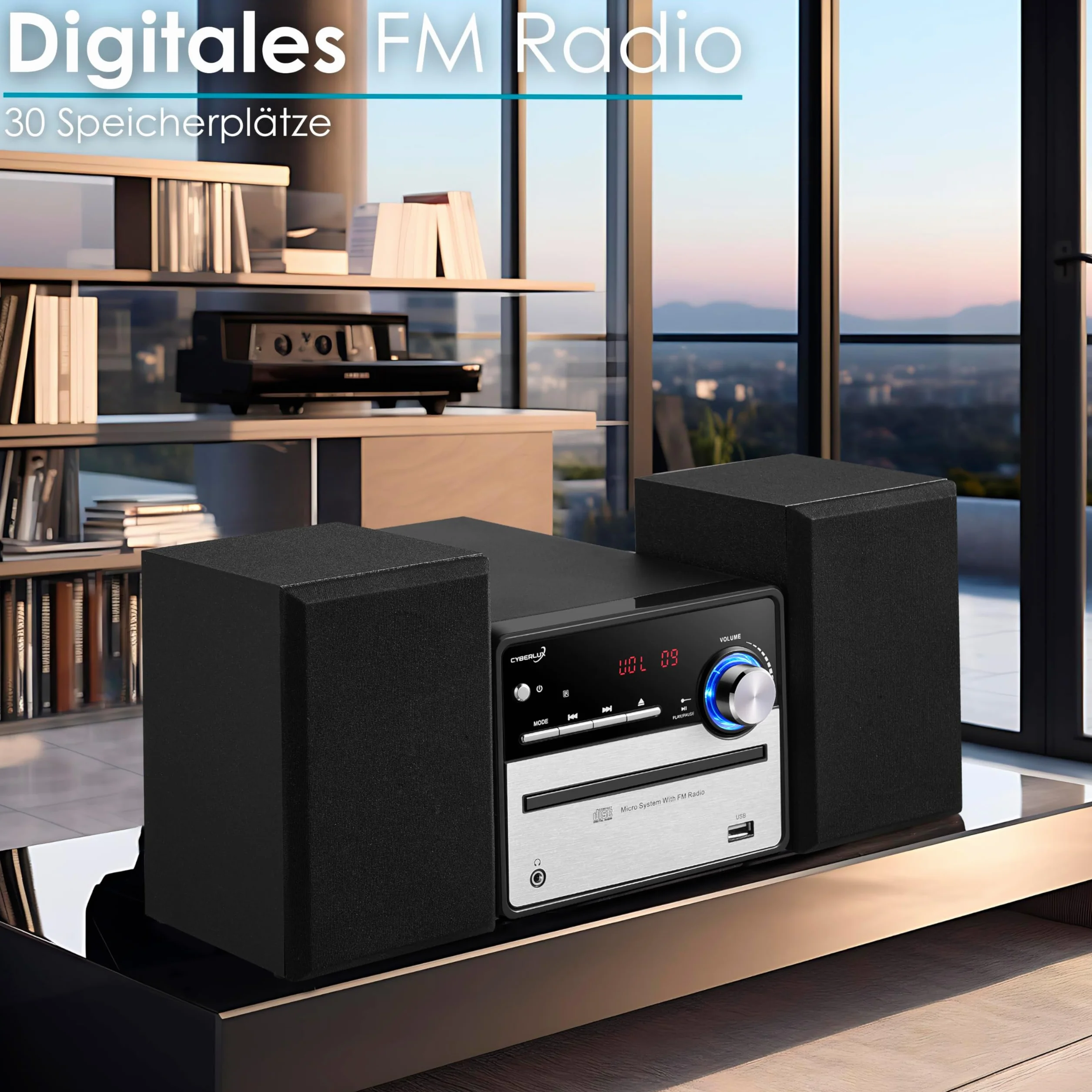 Sistema de música retro Hi-Fi, estéreo, compacto, USB, salida de línea, CD/MP3, radio FM, 30 plazas de memoria, pantalla LED, mini HiFi, estéreo con cajas
