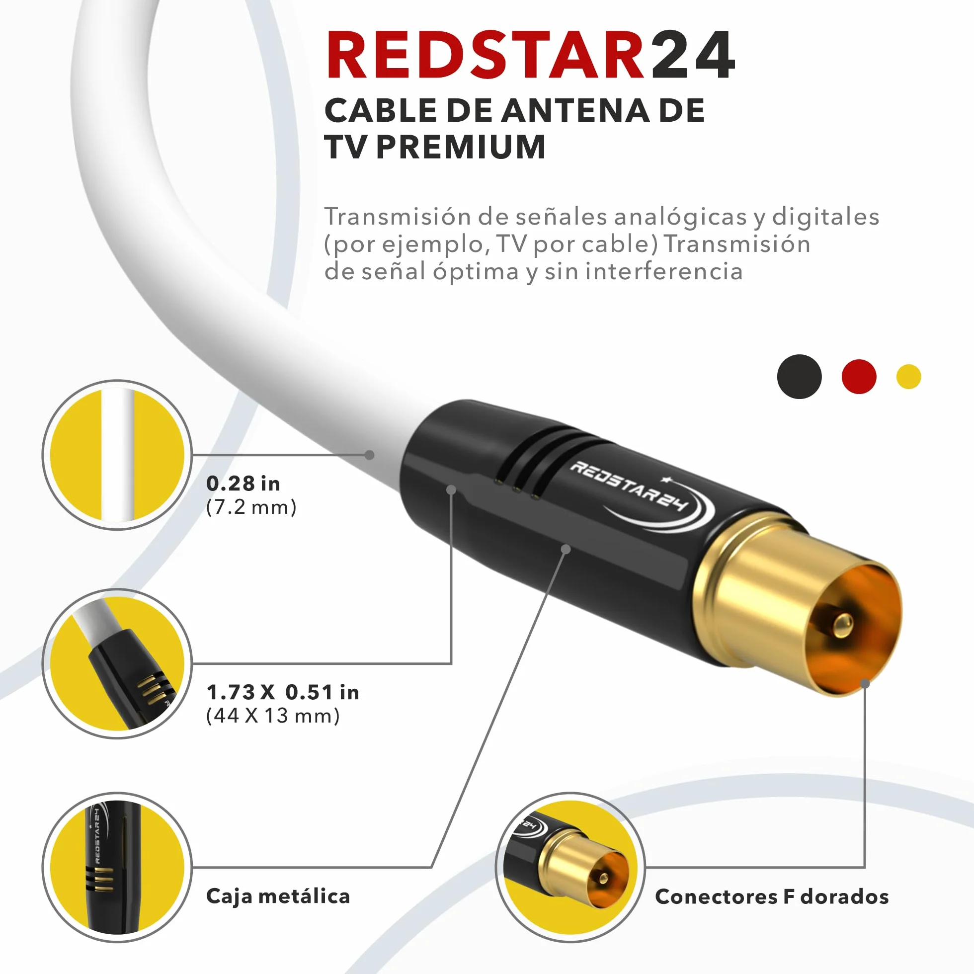 RedStar24 Cable de antena 30m Blanco – Macho a Hembra IEC – Cable Coaxial HDTV Premium para Televisión por Cable | Cable de TV: Compatible con TV, Radio, DVB-T/T2, DVB-C, DAB