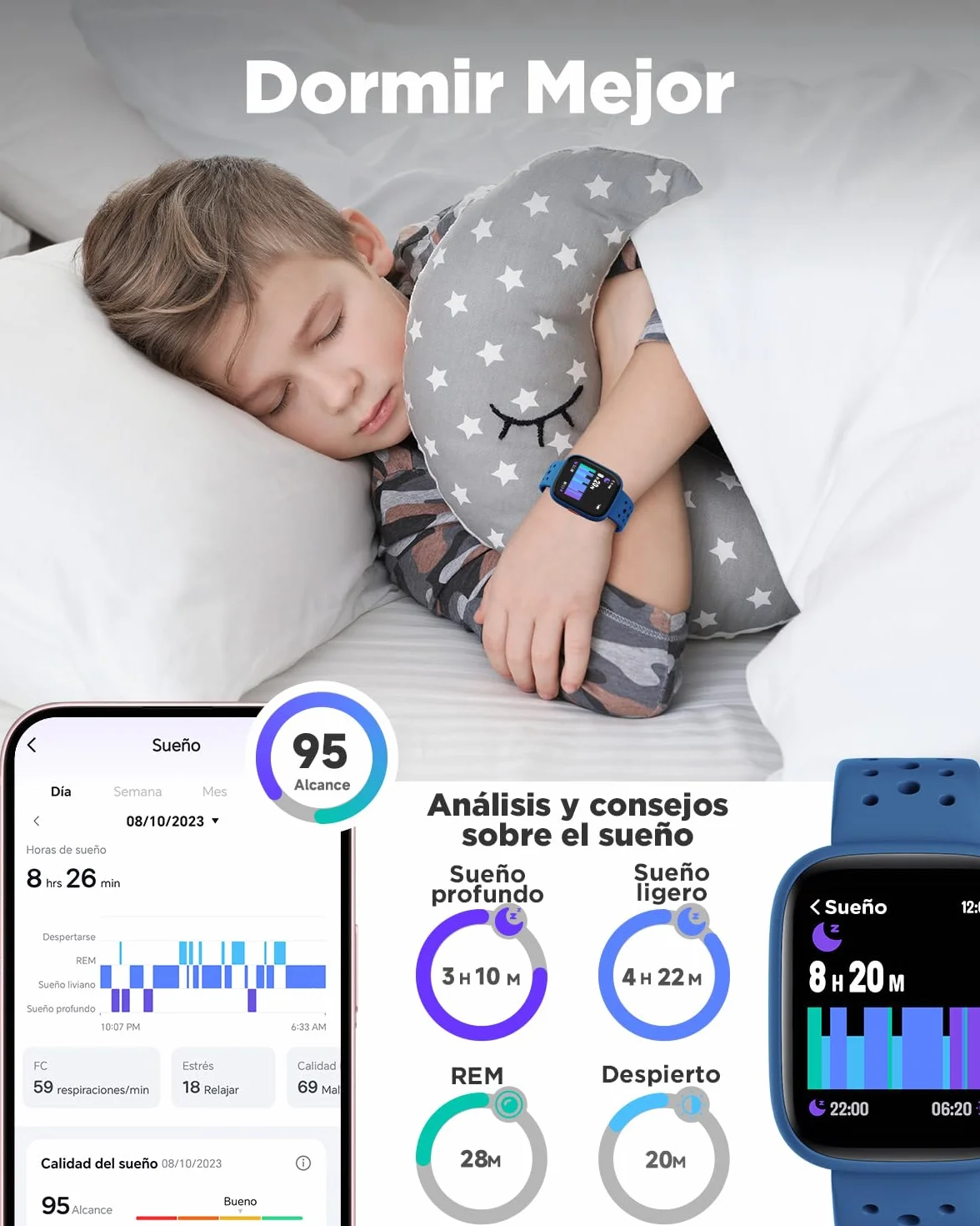BIGGERFIVE Pulsera Actividad Niños Niñas 5-16, 1,8" Reloj Inteligente Podómetro, Frecuencia Cardíaca, Monitor de Sueño, Resistente al Agua IP68, Despertador, Juegos de Rompecabezas con/sin App, Azul
