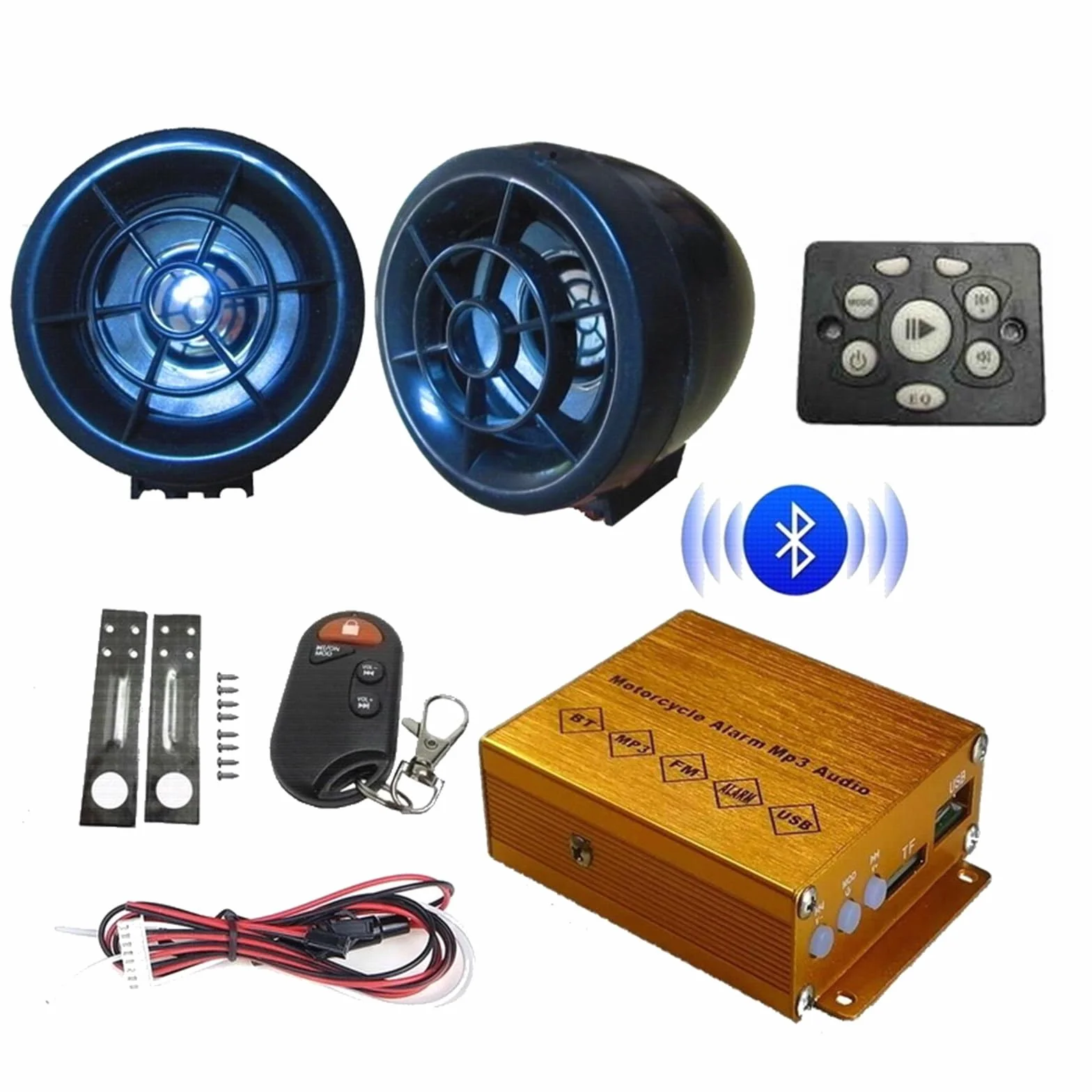 Reproductor MP3 Impermeable para Motocicleta con Altavoces Estéreo Radio FM Bluetooth USB, Negro