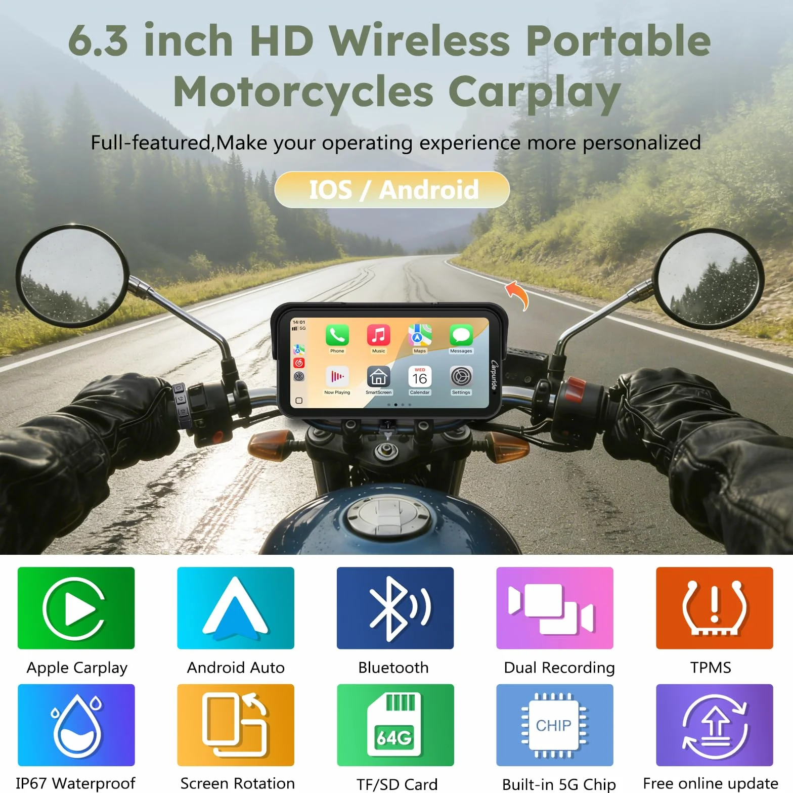 Carpuride Pantalla GPS de motocicleta CarPlay de 6.3 pulgadas sin cables CarPlay y Android Auto para Moto, con cámara doble y TPMS, control remoto, impermeable IP67, BT Audio, grabación en bucle