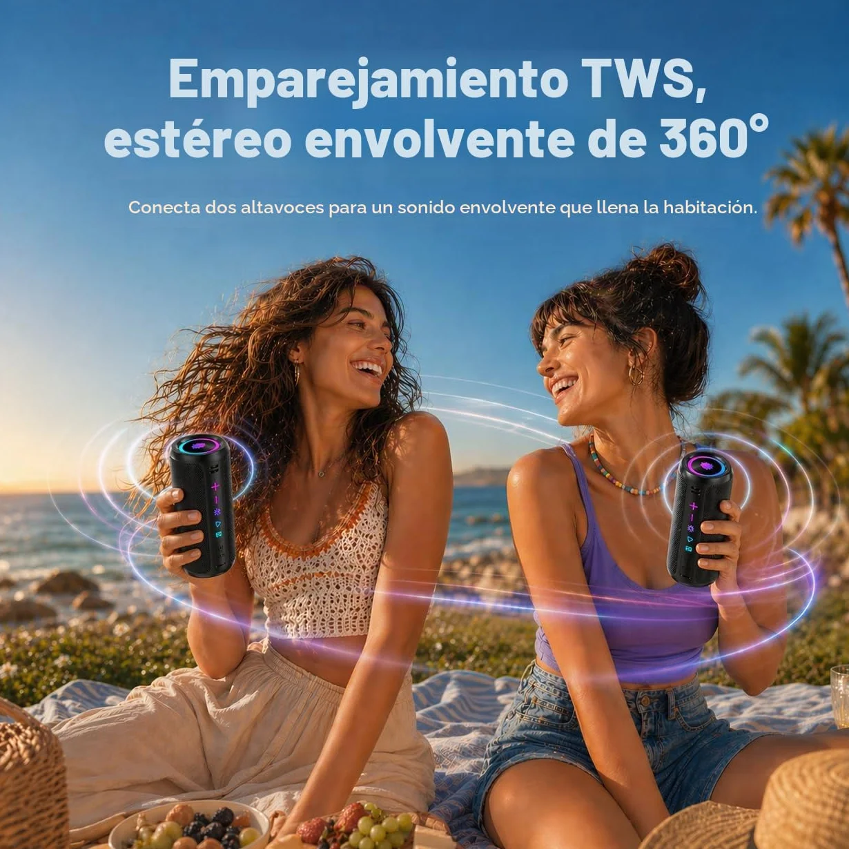 TIMU Altavoz Bluetooth 5.4 Potente, 25W, IPX7, 24H, 2 Modos EQ, 8 Modos RGB, TWS