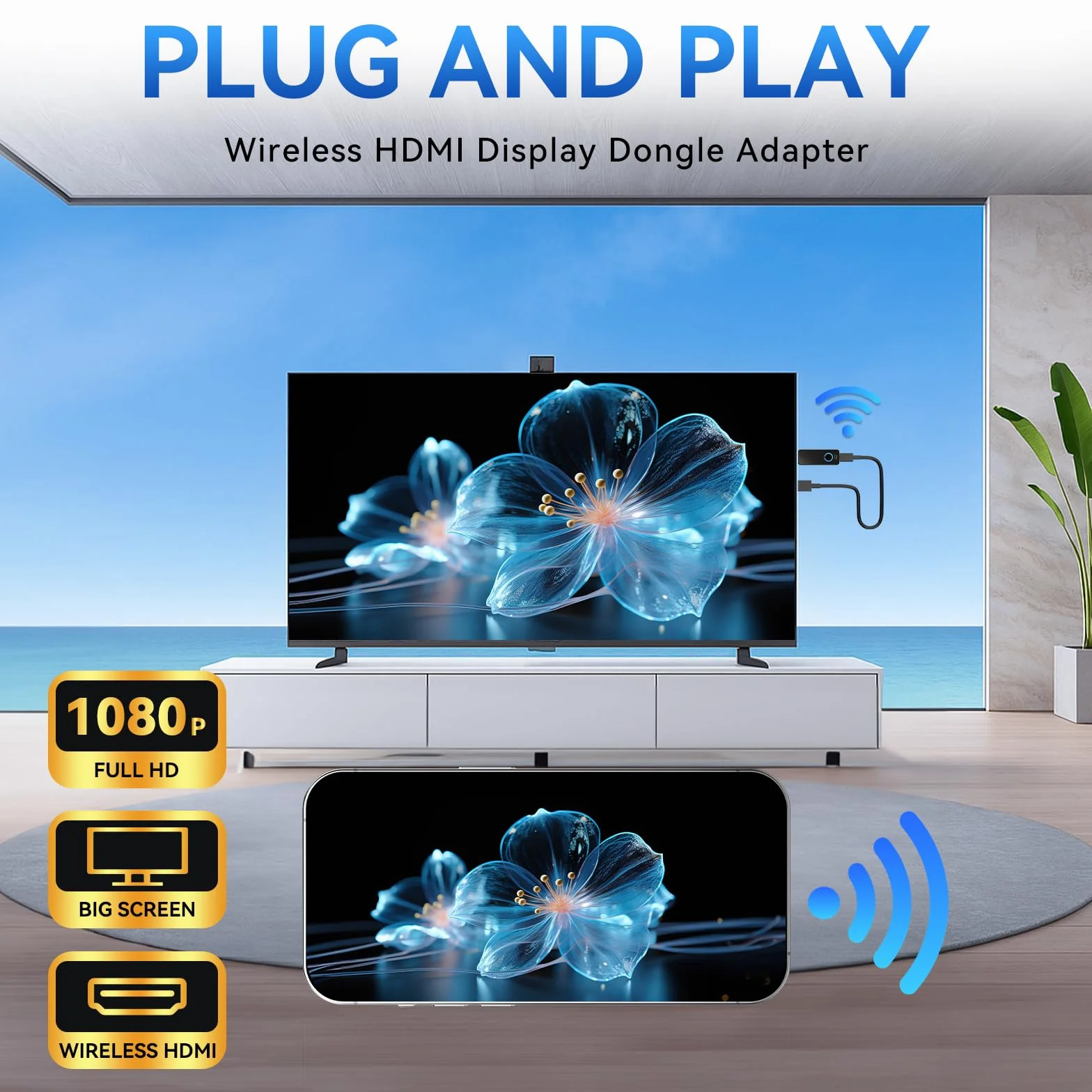 Adaptador HDMI Inalámbrico Miracast WiFi Dongle para TV Proyector con Airplay DLNA Compatible iOS Android Windows