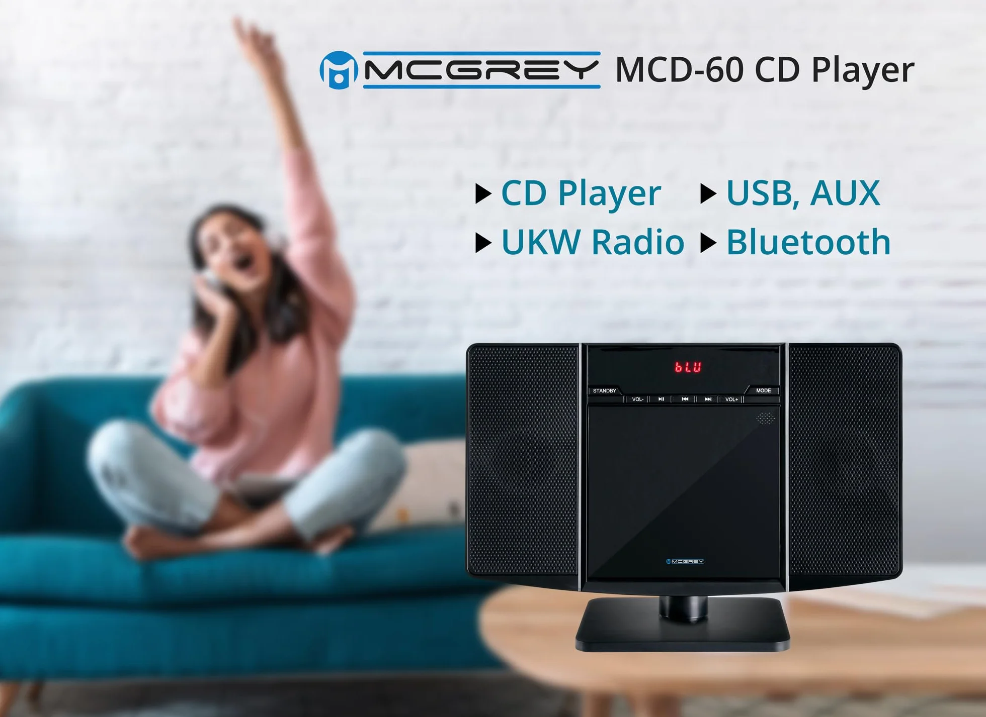 Equipo de Música Vertical MCD-60 (Reproductor CD/MP3, USB, Bluetooth, Entrada Aux, Montaje de Pie o Pared, Incluye Mando a Distancia) Negro