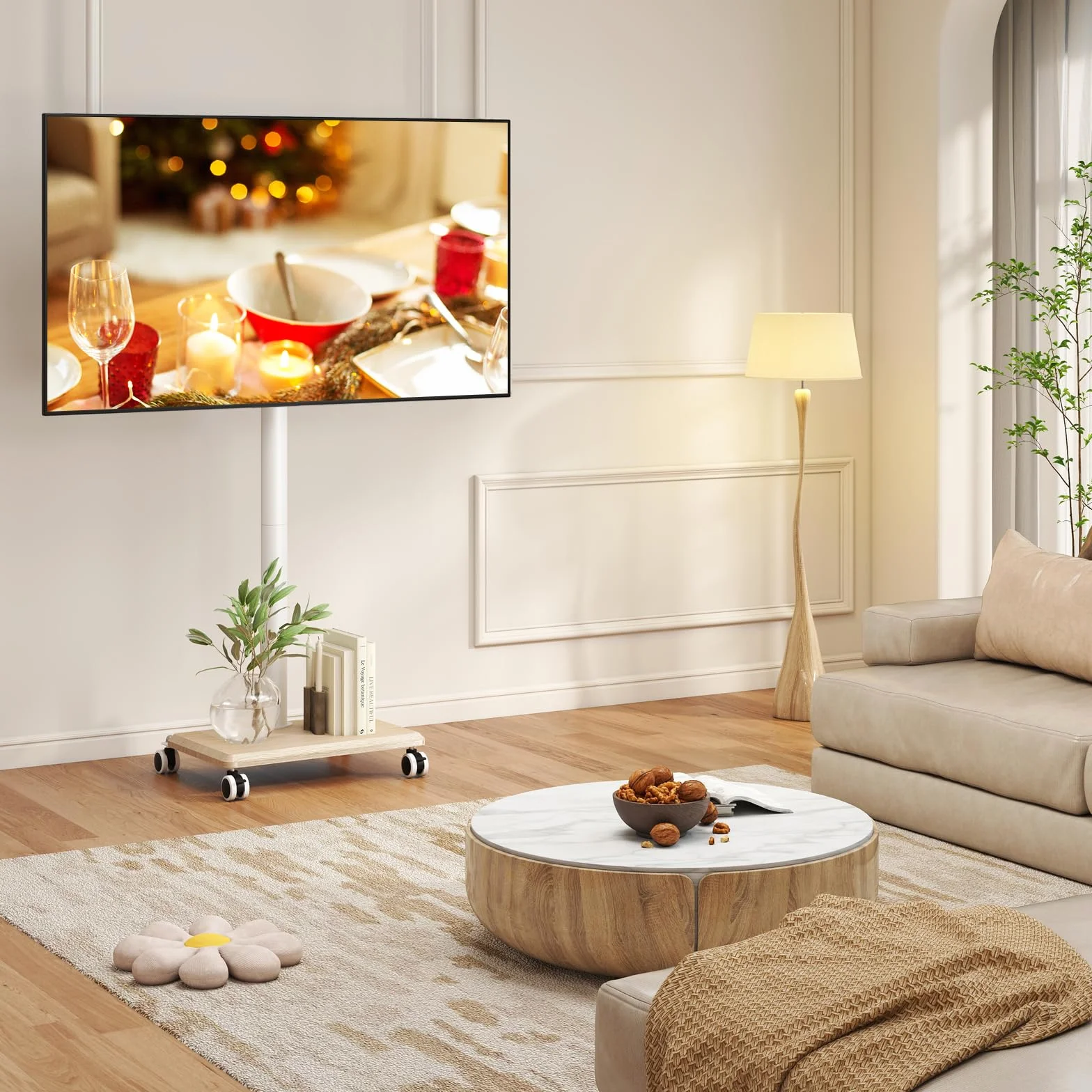 Soporte de TV con Ruedas para Televisores de 27-65 Pulgadas, Ajuste de Altura y Giro, Base de Madera, VESA 400x400mm, 40kg, Beige