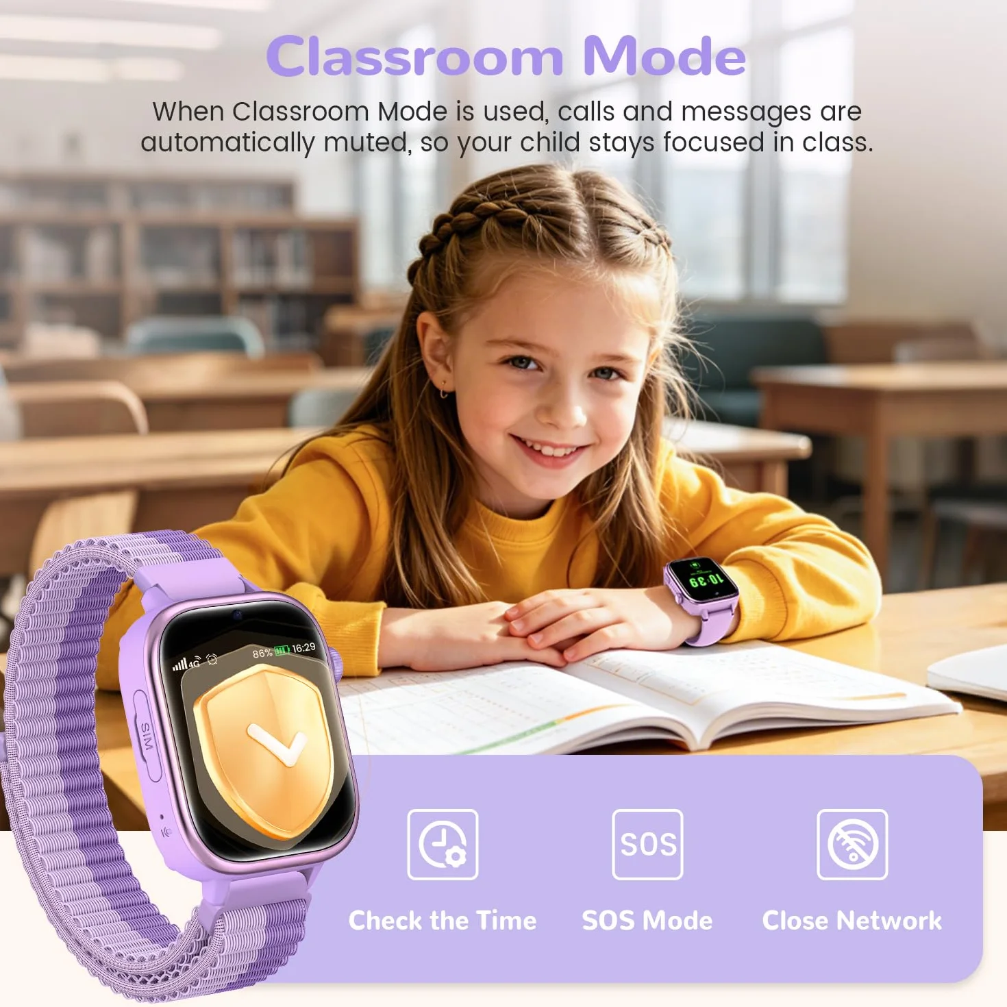 4G Reloj Inteligente Niños con GPS y Videollamada, Smartwatch Niños con Llamadas, Chat de Voz, SOS, Modo Escuela, IP68 Impermeable, Podómetro, Despertador, Cámara, Regalo Niñas y Niños de 4-15 Púrpura