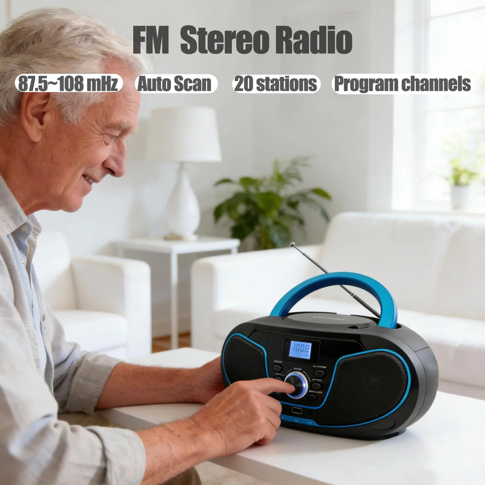 LONPOO Reproductor de CD portátil Boombox estéreo con Radio FM Bluetooth USB AUX Compacto CA o batería