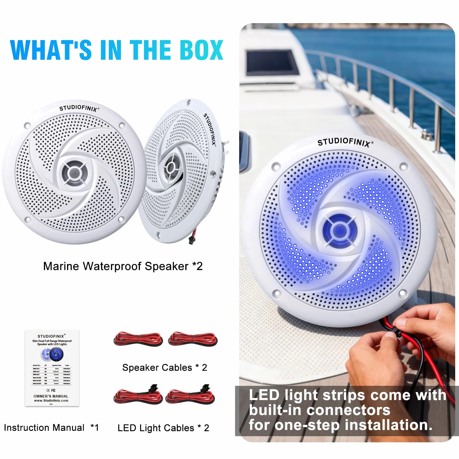 Altavoces marinos impermeables STUDIOFINIX 5.25 pulgadas 160 W 2 vías con LED blanco