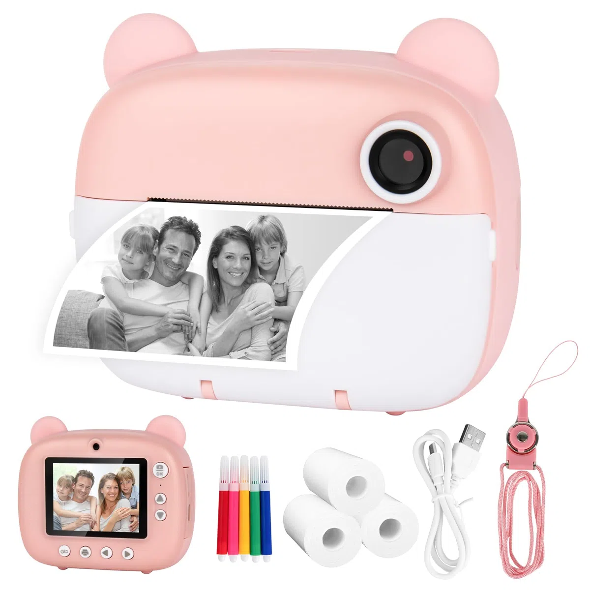 Cámara de fotos infantil, 1080p, cámara instantánea infantil, con tarjeta de 32 GB, papel fotográfico, 3 – 12 años, Navidad, cumpleaños, regalo para niñas y niños (rosa)