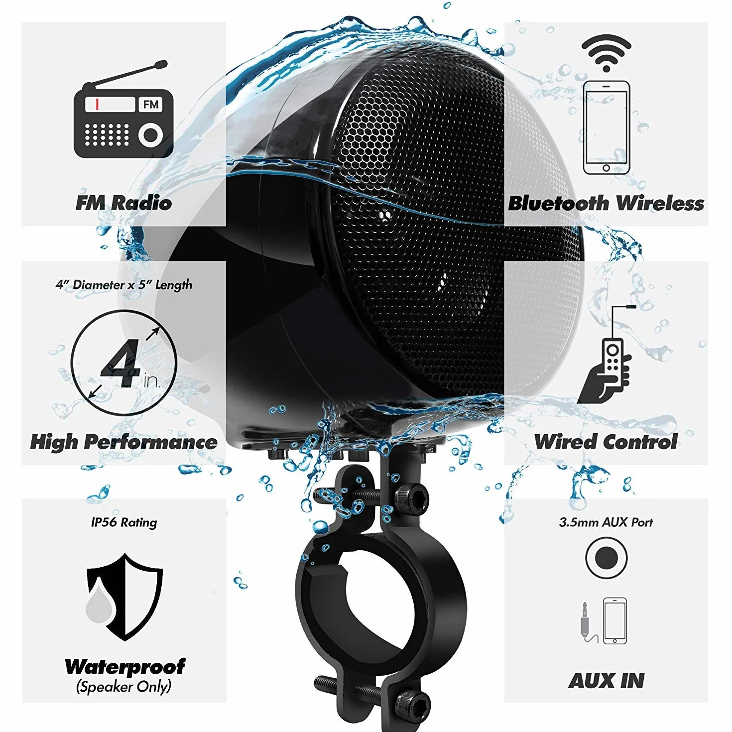M150 Sistema de Audio con Amplificador de Moto con AUX, MP3, Radio FM, 4 Pulgadas de Altavoces estéreo Bluetooth Impermeables para Motocicletas ATV UTV RZR (Negro, Red)