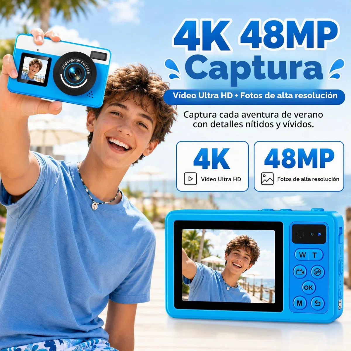 Maxmango D70 Cámara Acuática 4K 48MP, Cámara Impermeable 10FT para Piscina y Playa, Doble Pantalla Autofocus Zoom 18X, Cámara Flotante Regalo para Adolescentes y Principiantes con Tarjeta 16GB, Azul