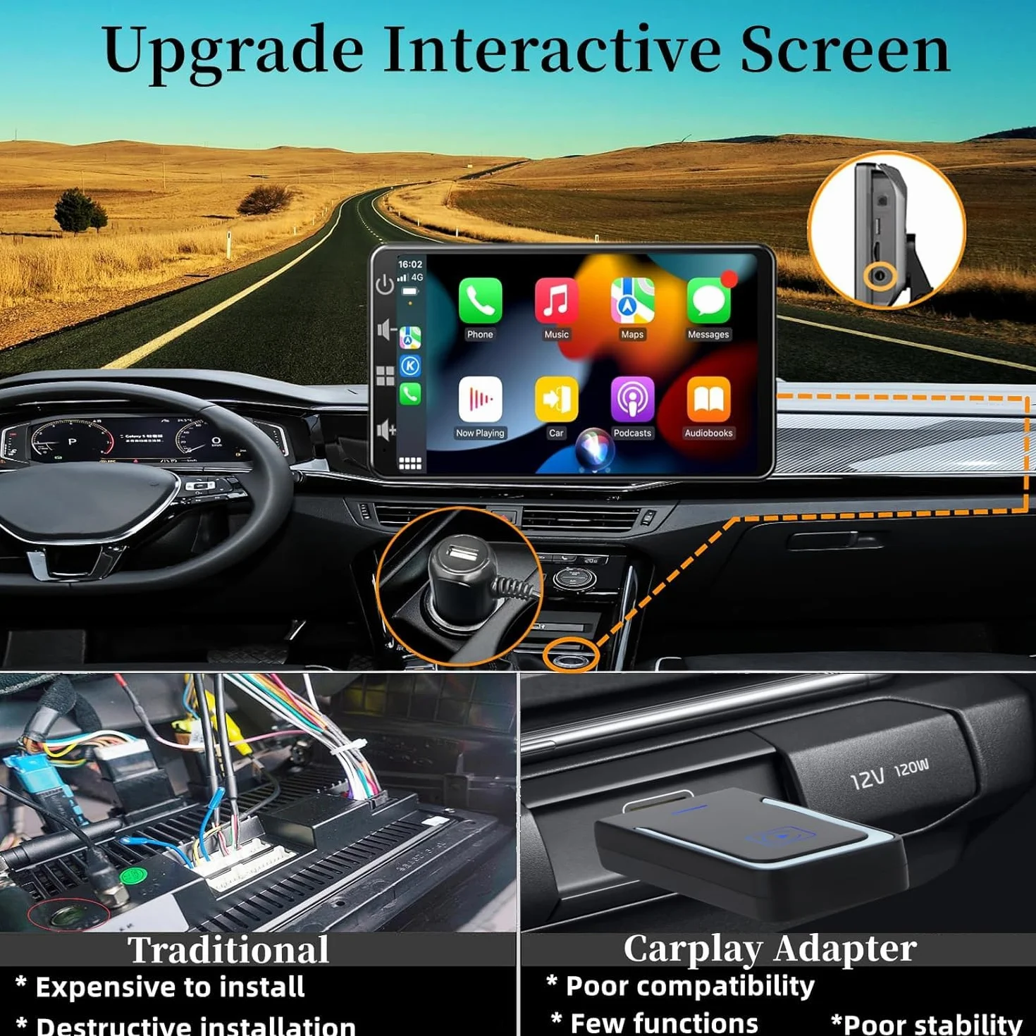 Pantalla Coche con CarPlay y Android Auto Inalámbrica - Pantalla Carplay de 7 Pulgadas con Mirror Link - Portátil Radio Coche con Asistencia de Voz/FM/AUX/Cámara Trasera