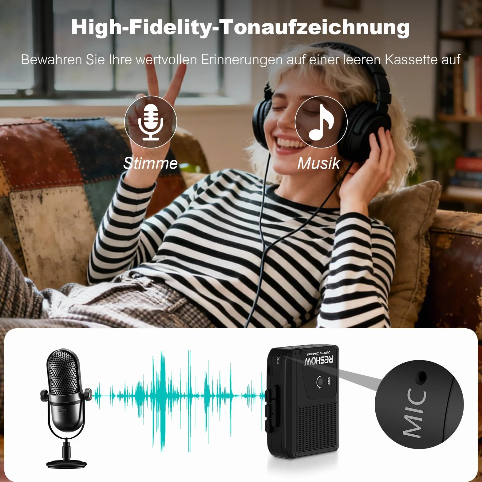 Reshow Grabadora de Casete Portátil Convertidor USB a MP3 con Micrófono y Altavoz, Auriculares Incluidos Negro