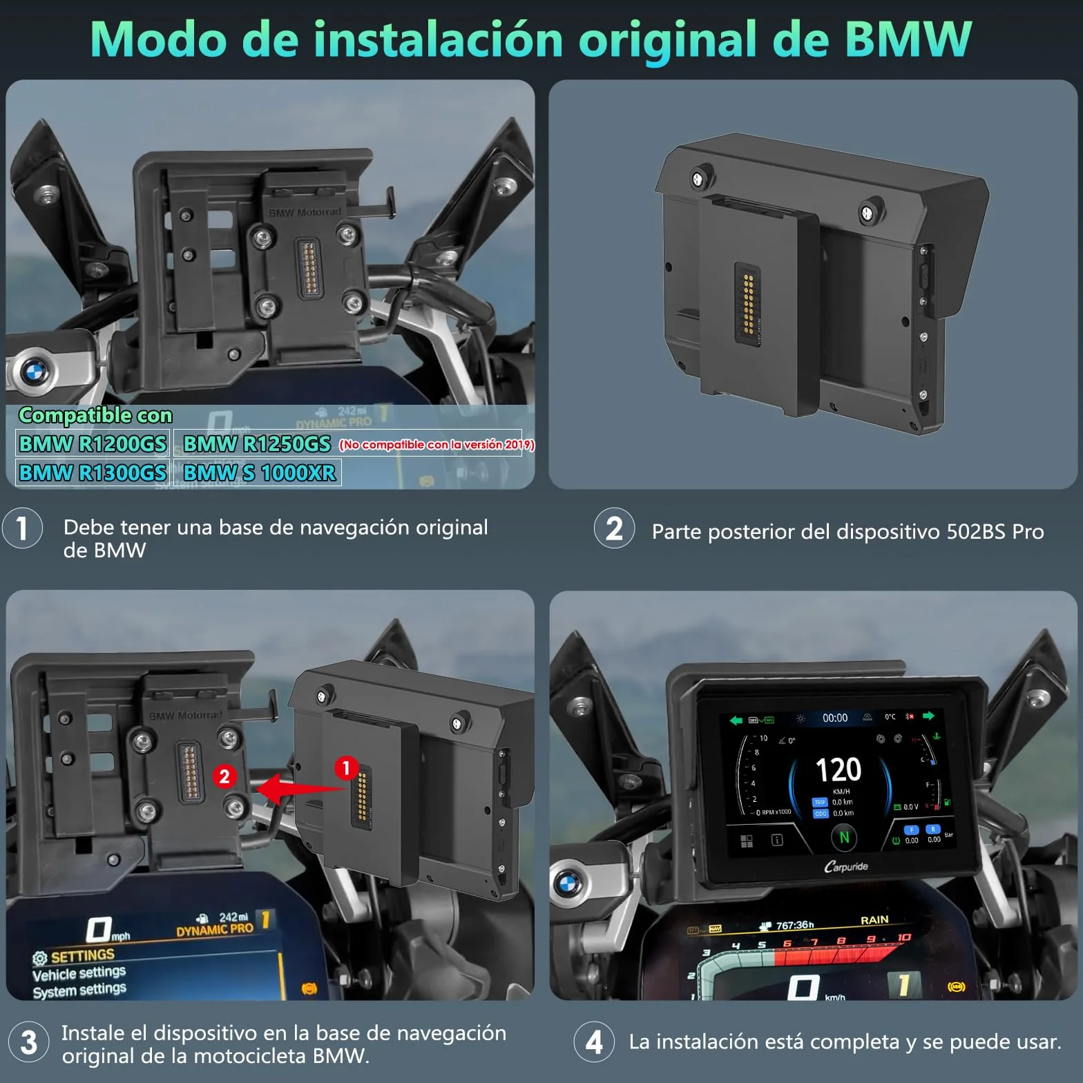 CARPURIDE W502BS Pro CarPlay Android Auto para Motocicletas, Pantalla GPS 5 Pulgadas Impermeable Bluetooth Dual