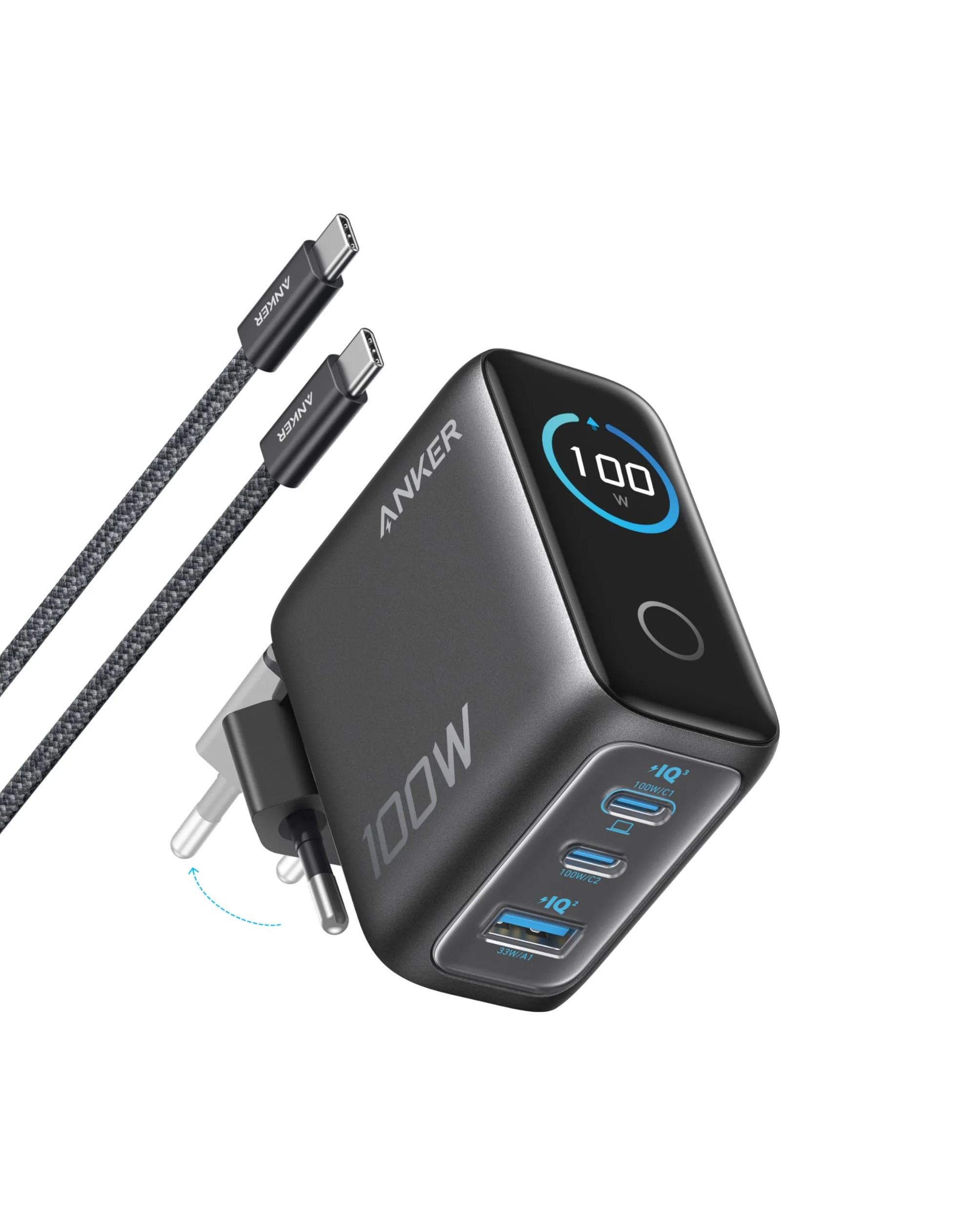 Anker Cargador USB C 100 W, Cargador de Pared GAN Compacto de 3 Puertos, Compatible con MacBook, iPad, iPhone 17/16/15