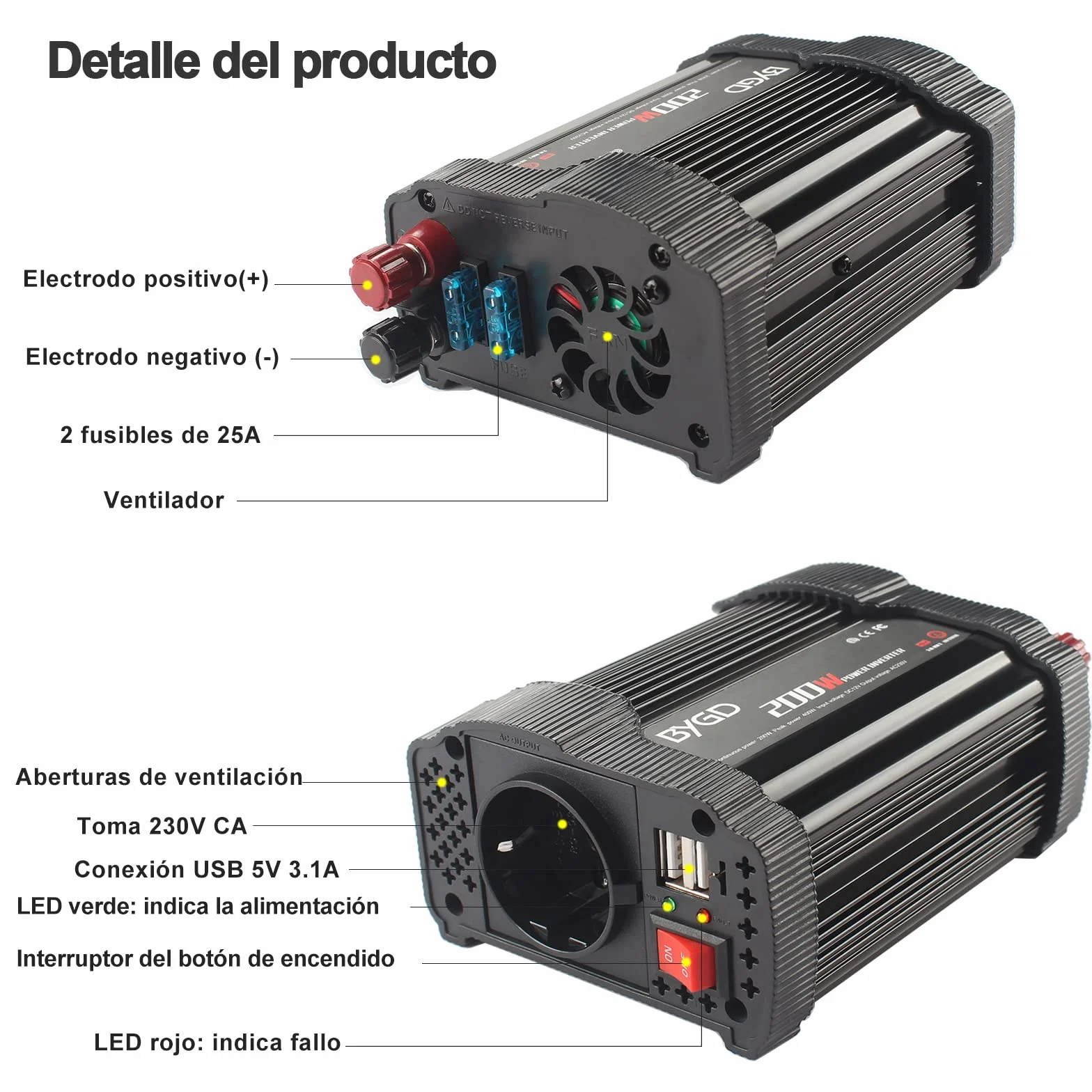 BYGD Inversor de Coche 200W/400W 12V DC a 220V 230V AC, Convertidor con Adaptador de Cargador de Coche Rápido USB Dual 3.1A, para iPad, iPhone, Tablet, Consolas y Cámping