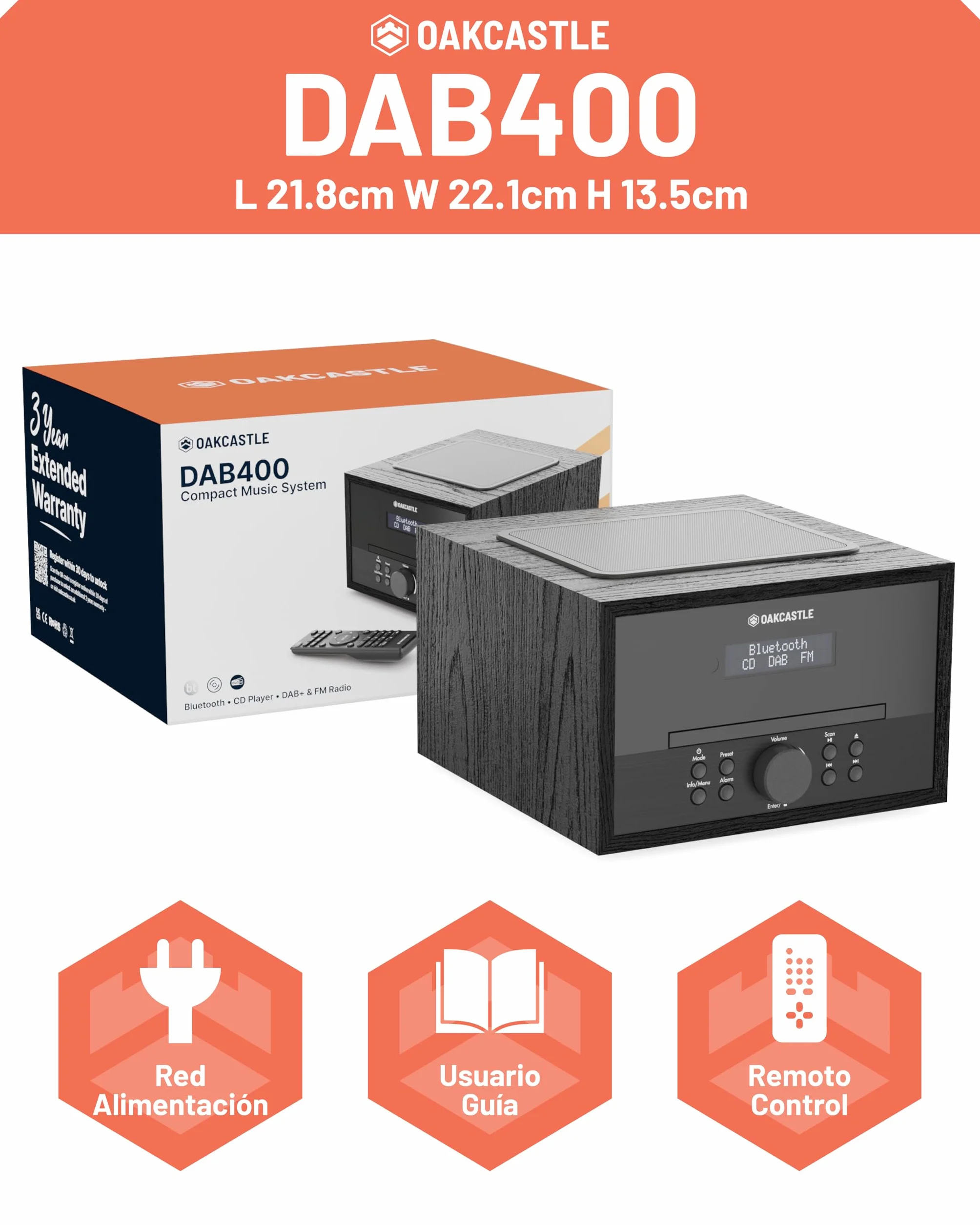 Reproductor de CD | Microcadena HiFi Bluetooth con Radio Dab+ y FM | Equipo de Música con Altavoces 40W y Doble Alarma | USB (Solo reproducción), AUX, Mando a Distancia | Oakcastle DAB400