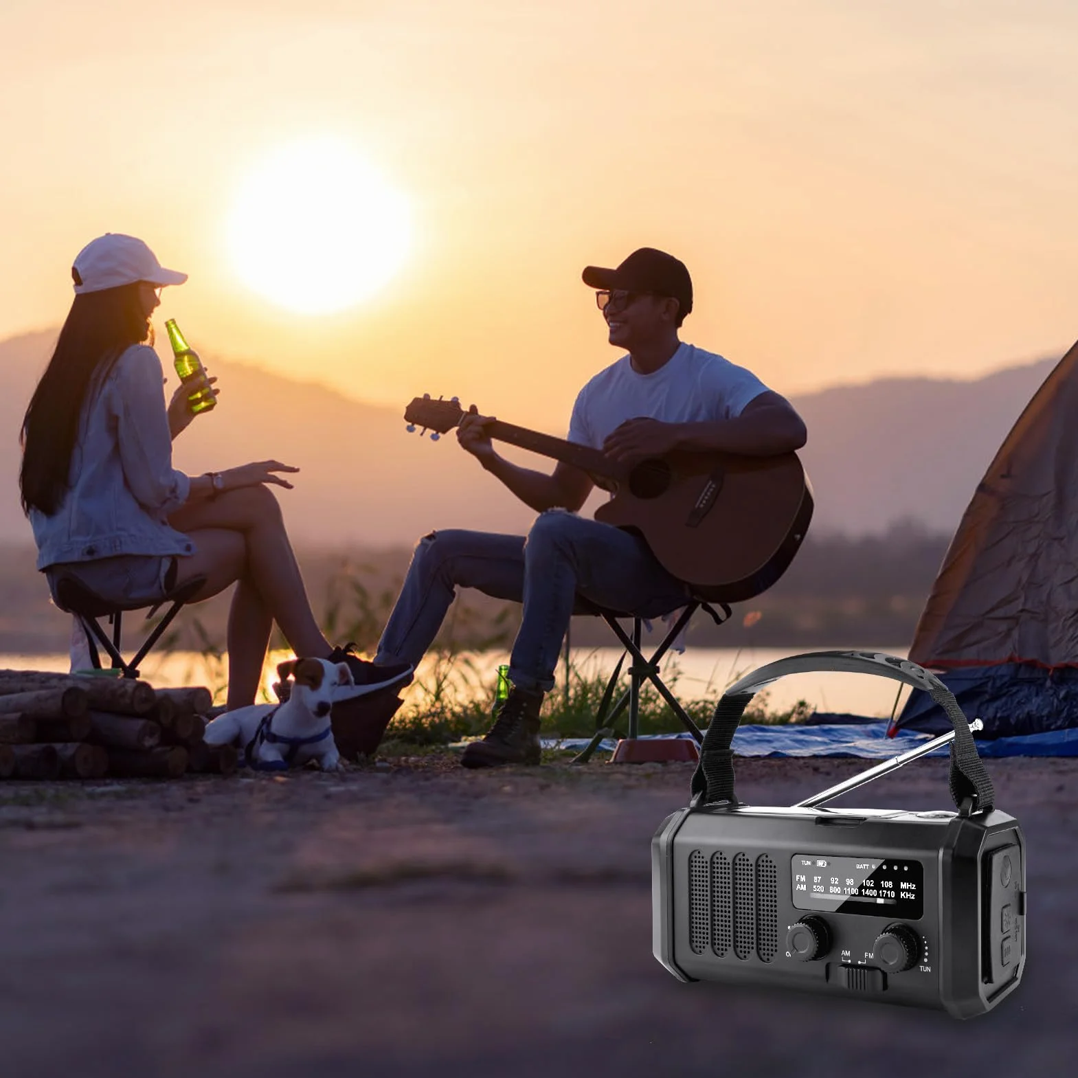 YIKANWEN Radio de manivela recargable 20000mAh, AM FM, Banco de energía, luz LED, Alarma SOS, brújula, Negro