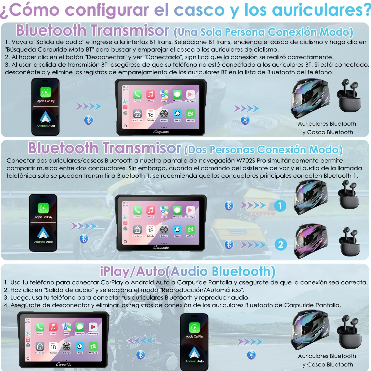 CARPURIDE W702RS Pro Motocicleta Carplay Pantalla con Radar BSD y BM05 Soporte, Inalámbrico CarPlay y Android Auto, 7" Impermeable Táctilpantalla, Intercomunicador, Dual Bluetooth, Cable Controlador.