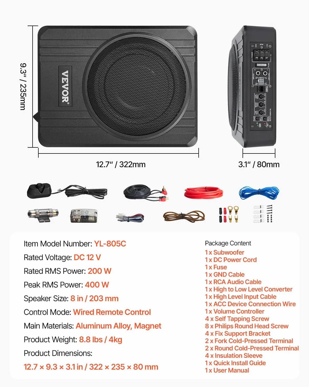 VEVOR Subwoofer para Debajo del Asiento para Automóvil 203 mm 400 W Altavoz Compacto para Coche Amplificador Incorporado Entrada Bajo Controlador de Volumen Control Remoto con Cable