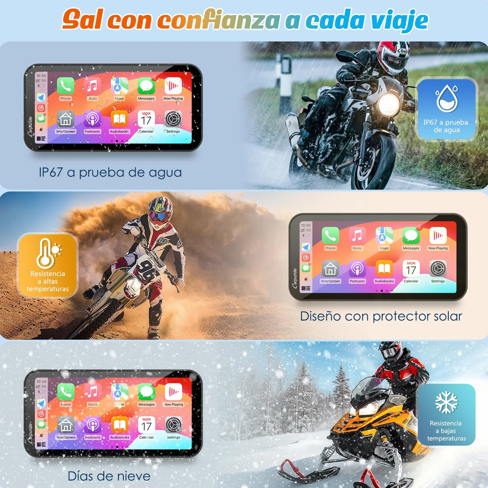 Carpuride W603 Pantalla Carplay Motocicleta 6,3" Inalámbrico Android Auto Impermeable GPS