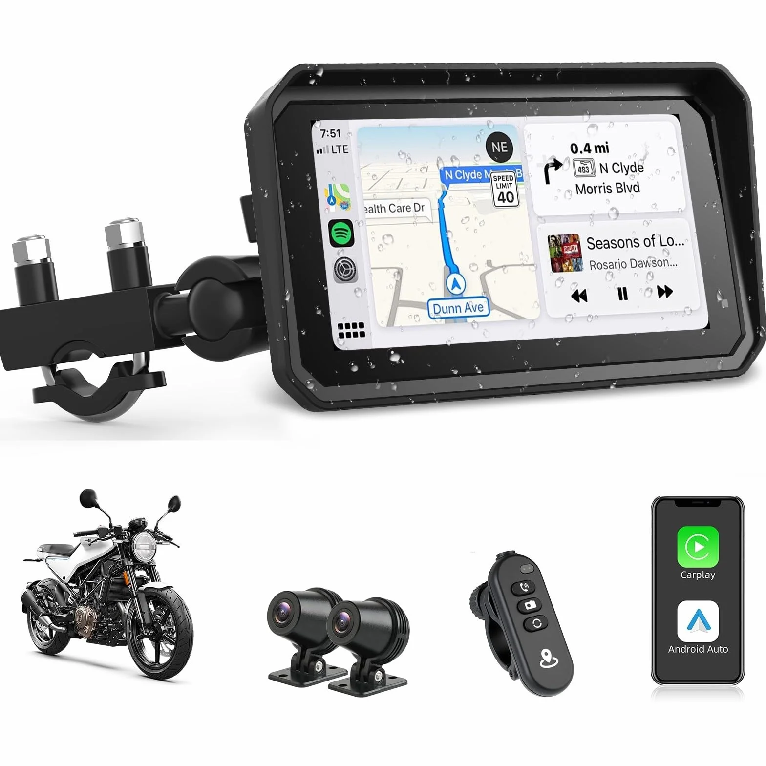 Jansite 6,25 Pulgadas Carplay Moto con 4K Dashcam GPS Navegador, Pantalla Android Auto Doble Bluetooth IP67
