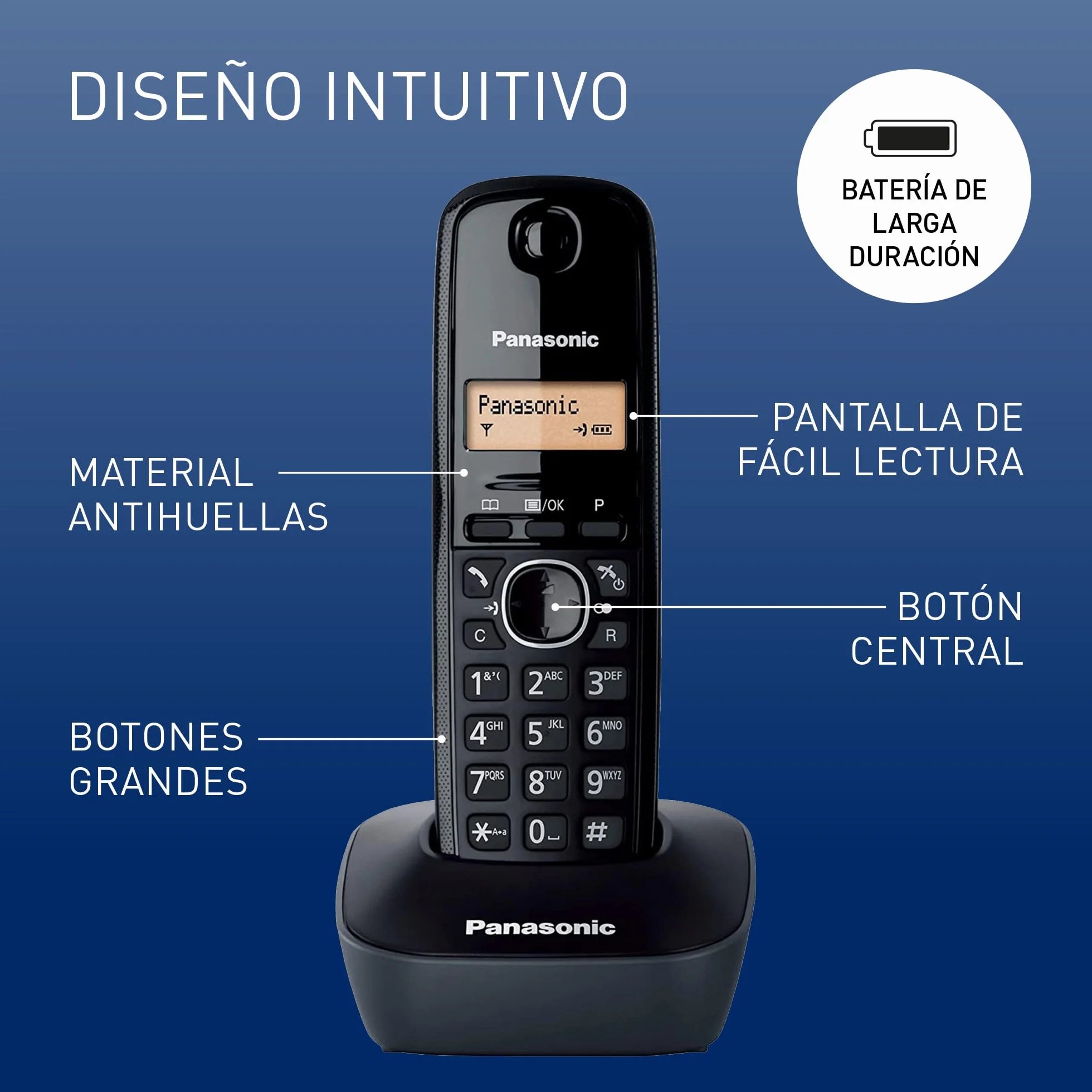 Panasonic KX-TG1612SP1 Teléfono Inalámbrico Digital DECT, Base y 2 Auriculares, Identificador Llamadas, LCD