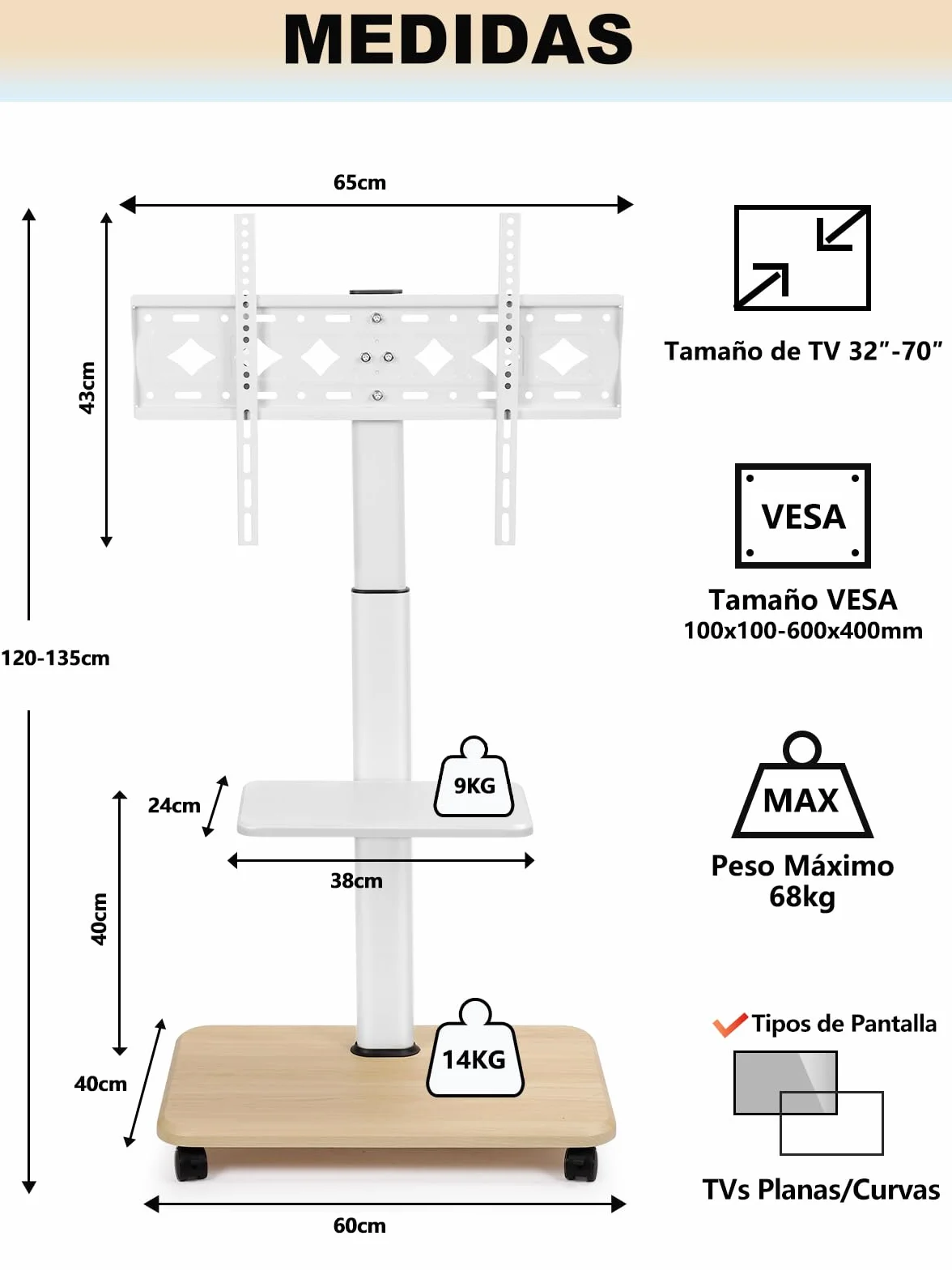 Soporte de TV Rodante Móvil para Televisores de 32-70 Pulgadas Planos/Curvos LED/LCD/OLED Altura Ajustable Soporte Portátil con Ruedas hasta 100lbs con Estante para Laptop y DVD para Exterior Blanco