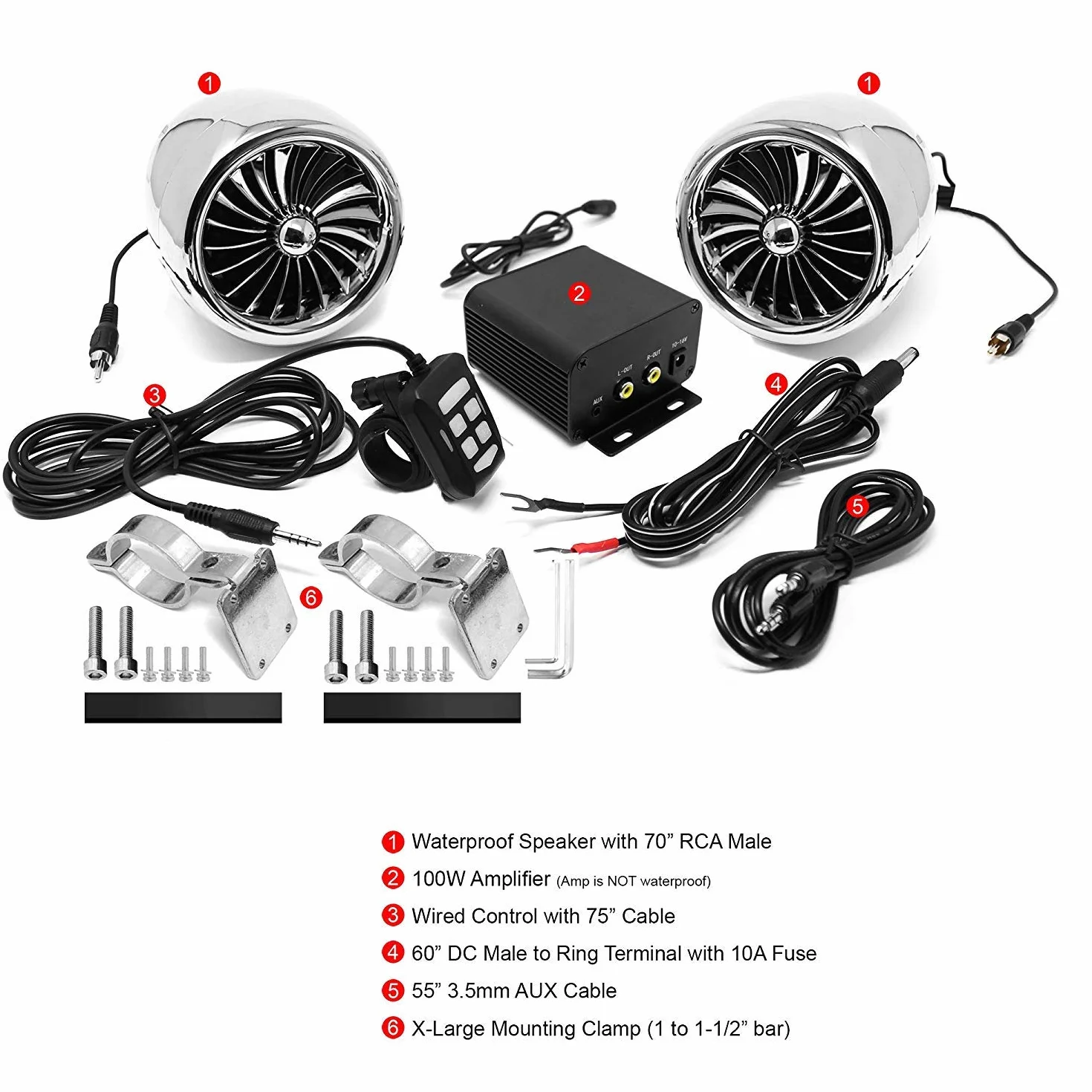 M150 Sistema de Audio con Amplificador de Moto con AUX, MP3, Radio FM, 4 Pulgadas de Altavoces estéreo Bluetooth Impermeables para Motocicletas ATV UTV RZR (Cromo, Ventilador)