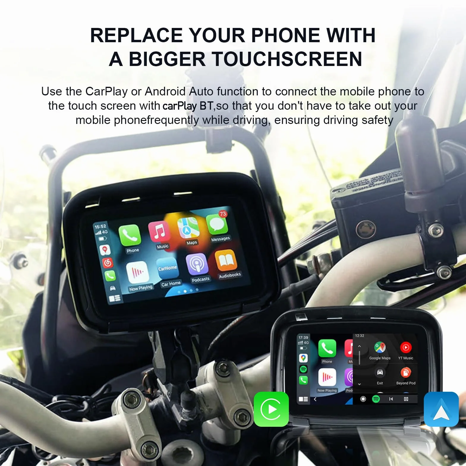 KAOLALI Pantalla Carplay para Motocicleta CarPlay Inalámbrico y Android Auto IP67 Impermeable Táctil de 5 Pulgadas Estéreo Portátil Inalámbrico para Moto Compatible con Navegación GPS, Siri