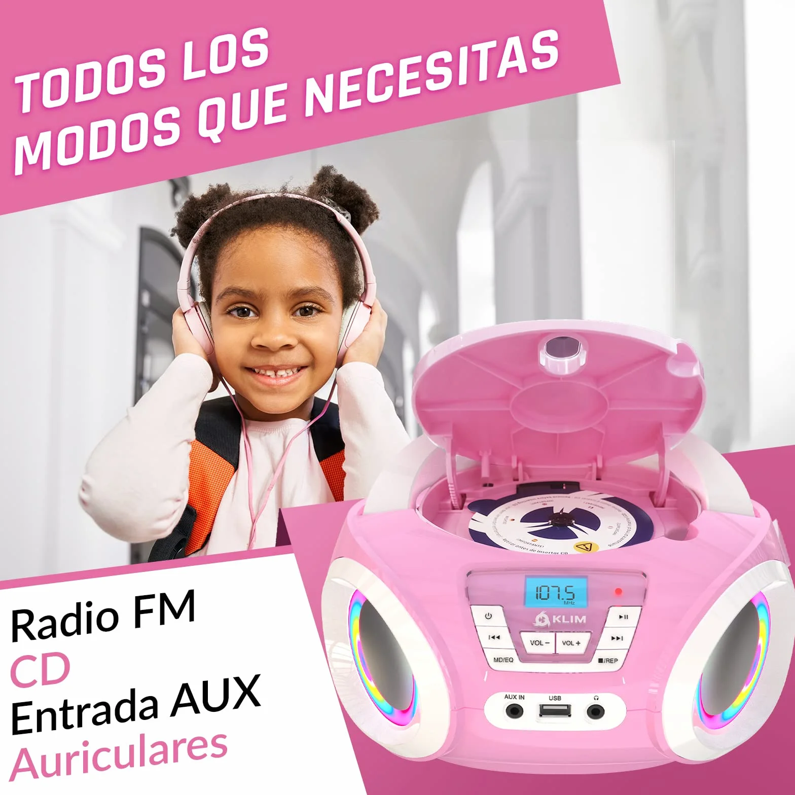KLIM Candy Reproductor de CD para niños Radio FM Baterías Incluidas USB AUX Rosa