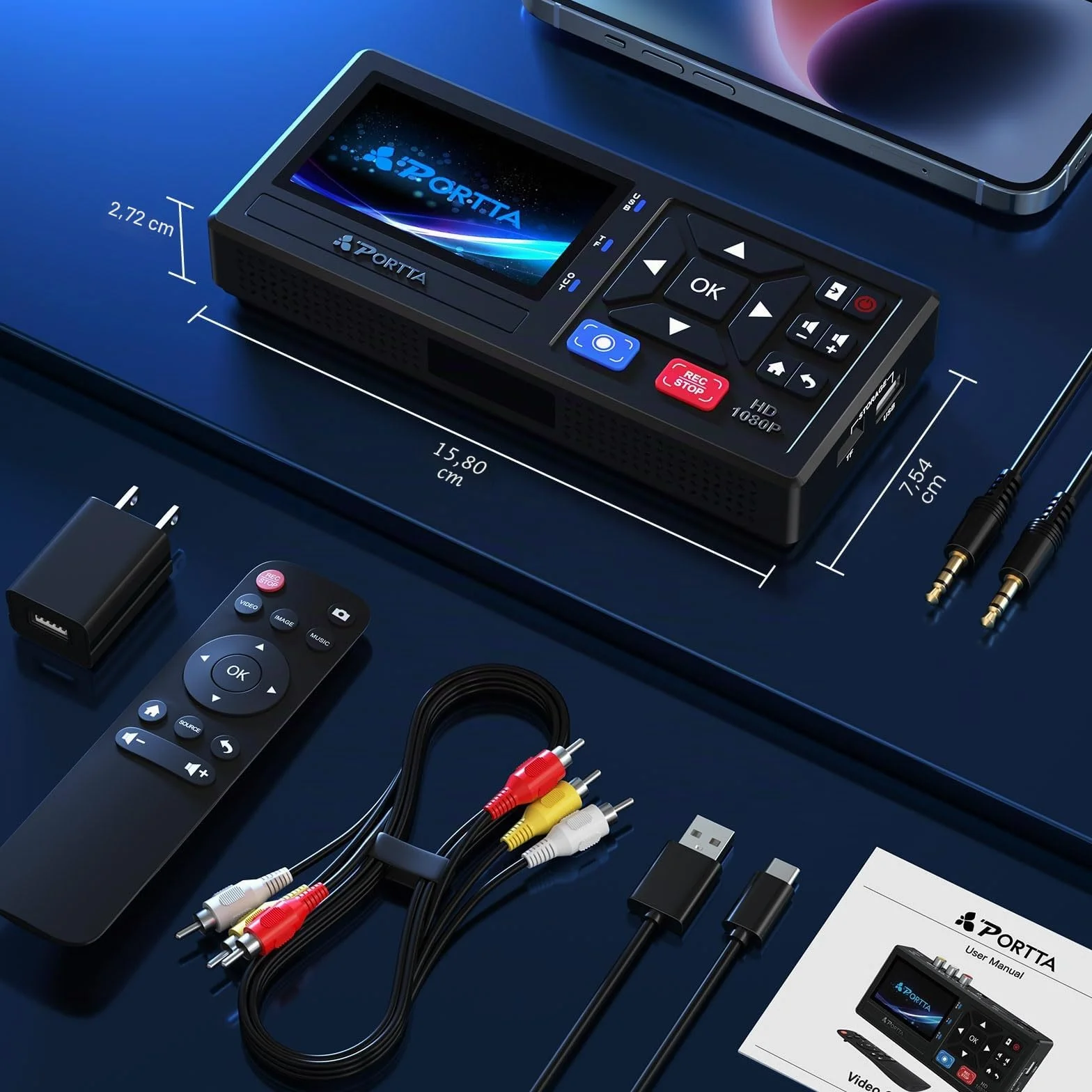 Portta VHS to Digital Convertidor, VHS a Digital Grabador con Remote, RCA to HDMI Converter Compatible con VHS, VCR, DVR, DVD, Hi8, Mini DV, Camcorder, Cassette Tape, Gaming Consoles