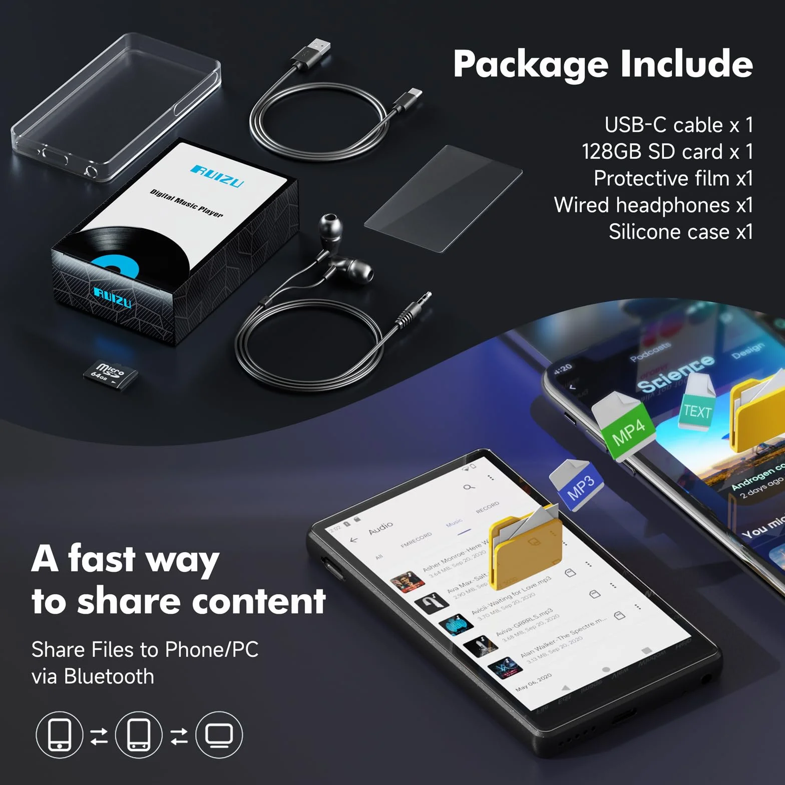 163GB Reproductor MP3 Bluetooth Spotify, 4.5 Pulgadas Pantalla Táctil MP4 y WiFi, Reproductor Música WLAN Android con Amazon Music, Deezer, Audible, Radio FM, Play Store