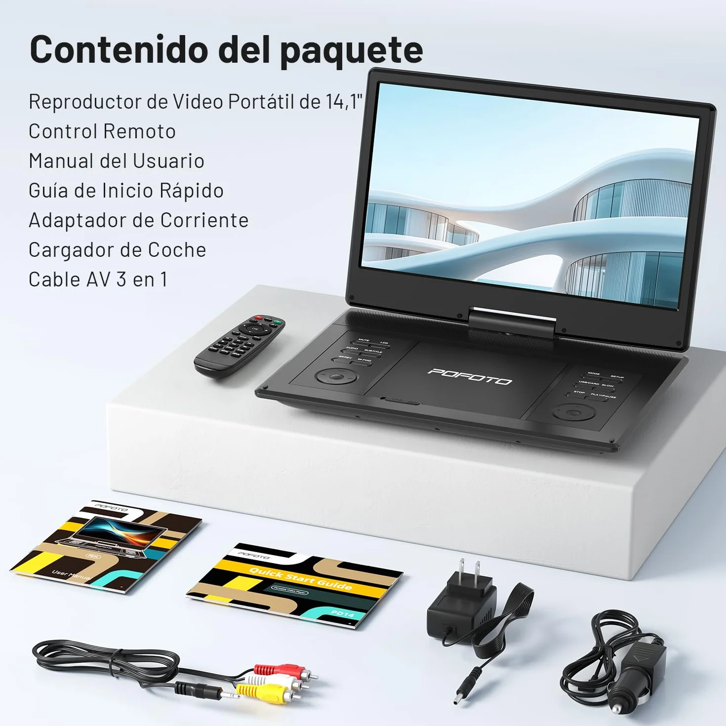 POFOTO Reproductor DVD Portátil 15,7'' Pantalla HD Giratoria 14,1" 6H Autonomía Multiformato SD USB
