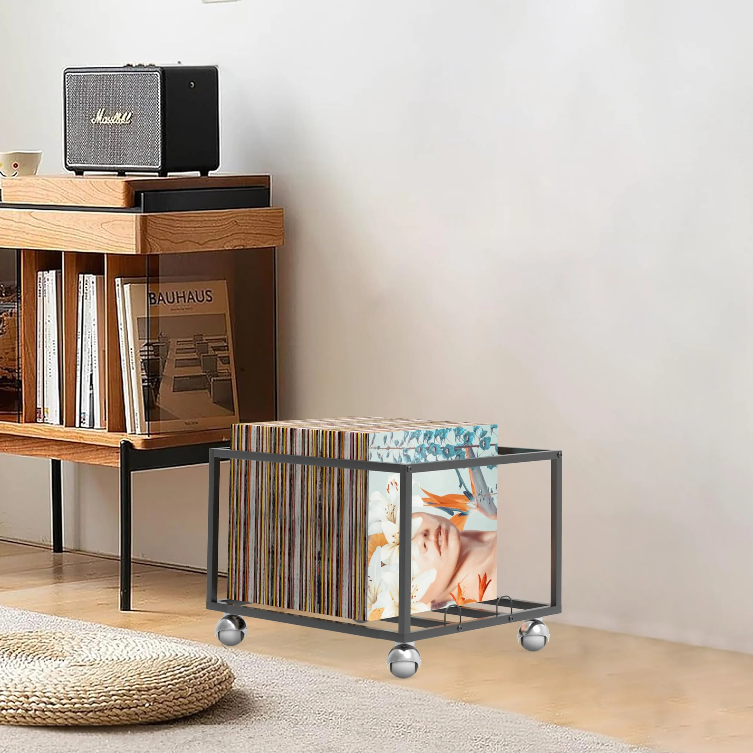 Almacenamiento de discos de vinilo sobre ruedas, estructura de metal resistente, capacidad para hasta 100 álbumes, elegante organizador para tu colección de vinilos