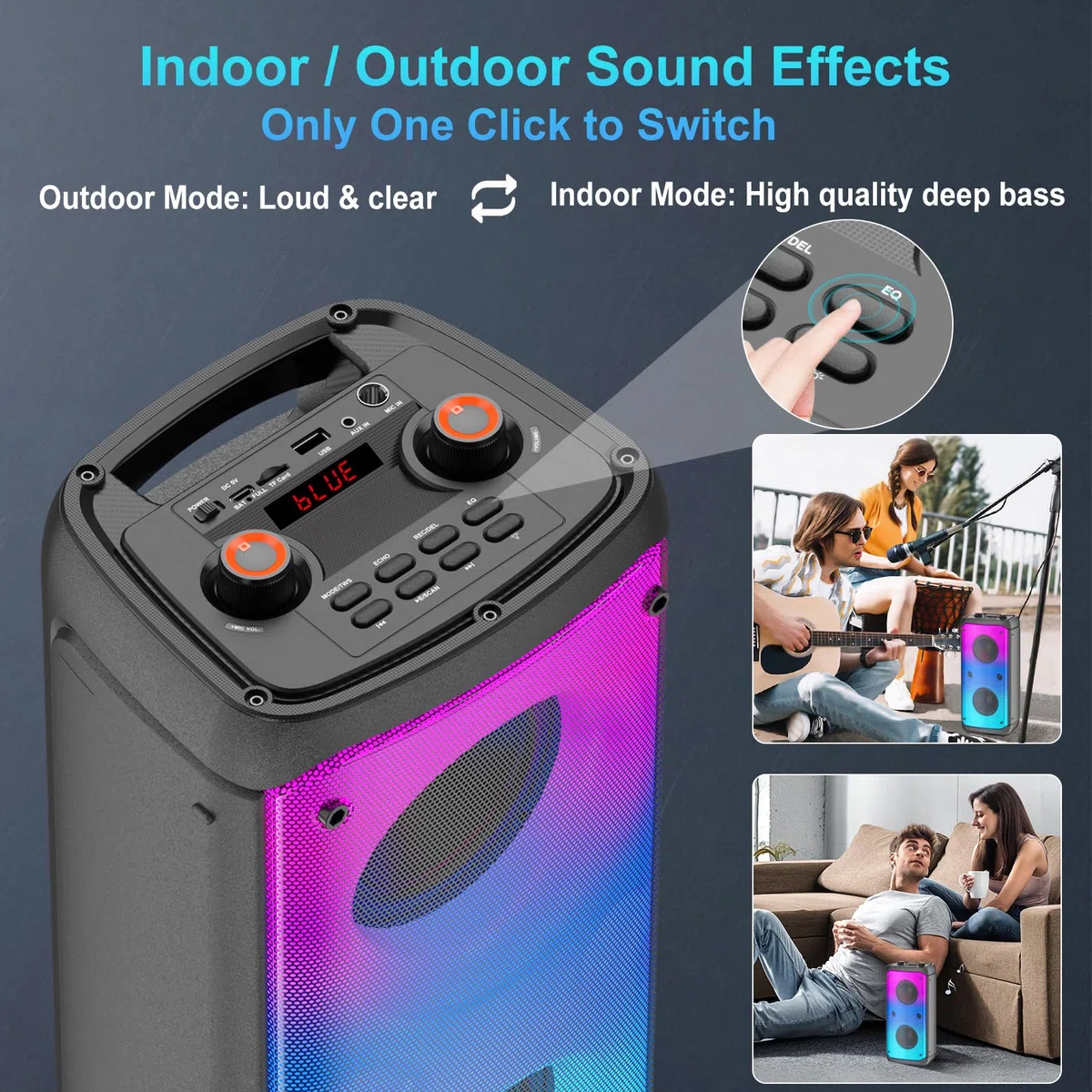 Altavoz Bluetooth, 80W Pico Inalámbrico TWS Altavoces Portátiles Fiestas Al Aire Libre con Subwoofer, Luces LED de Colores, Boombox Fuerte Sonido Estéreo con Micrófono para el Hogar, Camping, Viajes