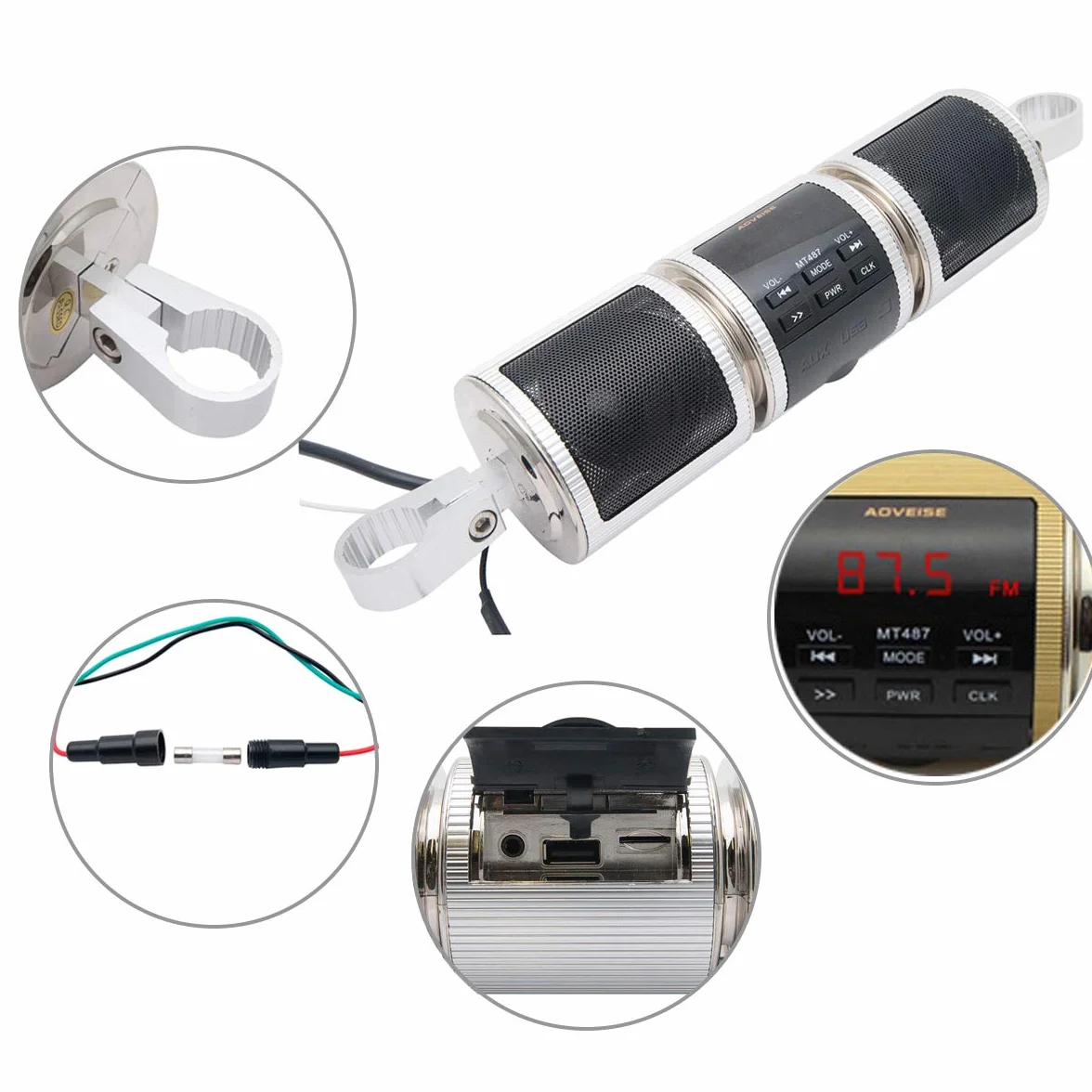 Riloer 12V Motocicleta Bluetooth Audio Sistema de Sonido, Impermeable Motocicleta MP3 Stereo Audio Radio Sonido Kit de Altavoces con Abrazadera de Montaje, Plata