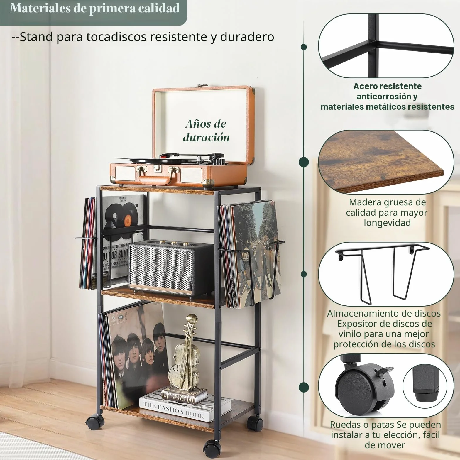 Bikoney Tocadiscos Almacenamiento, Laminación Mesa Auxiliar con Grande Soporte Tocadiscos, Reproductor Vinilo de Hasta 150 álbumes, Soporte Plato Giratorio con 2 Visualización de Vinilo