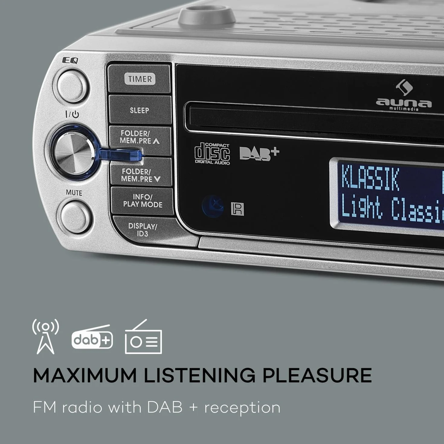 KR-400 CD Radio de Cocina, Radio bajo Mueble, DAB+/PLL FM, Reproductor CD/MP3, Bluetooth, AUX, USB, Memoria para 40 emisoras, Pantalla LCD, Alarma, Mando a Distancia, Plateado