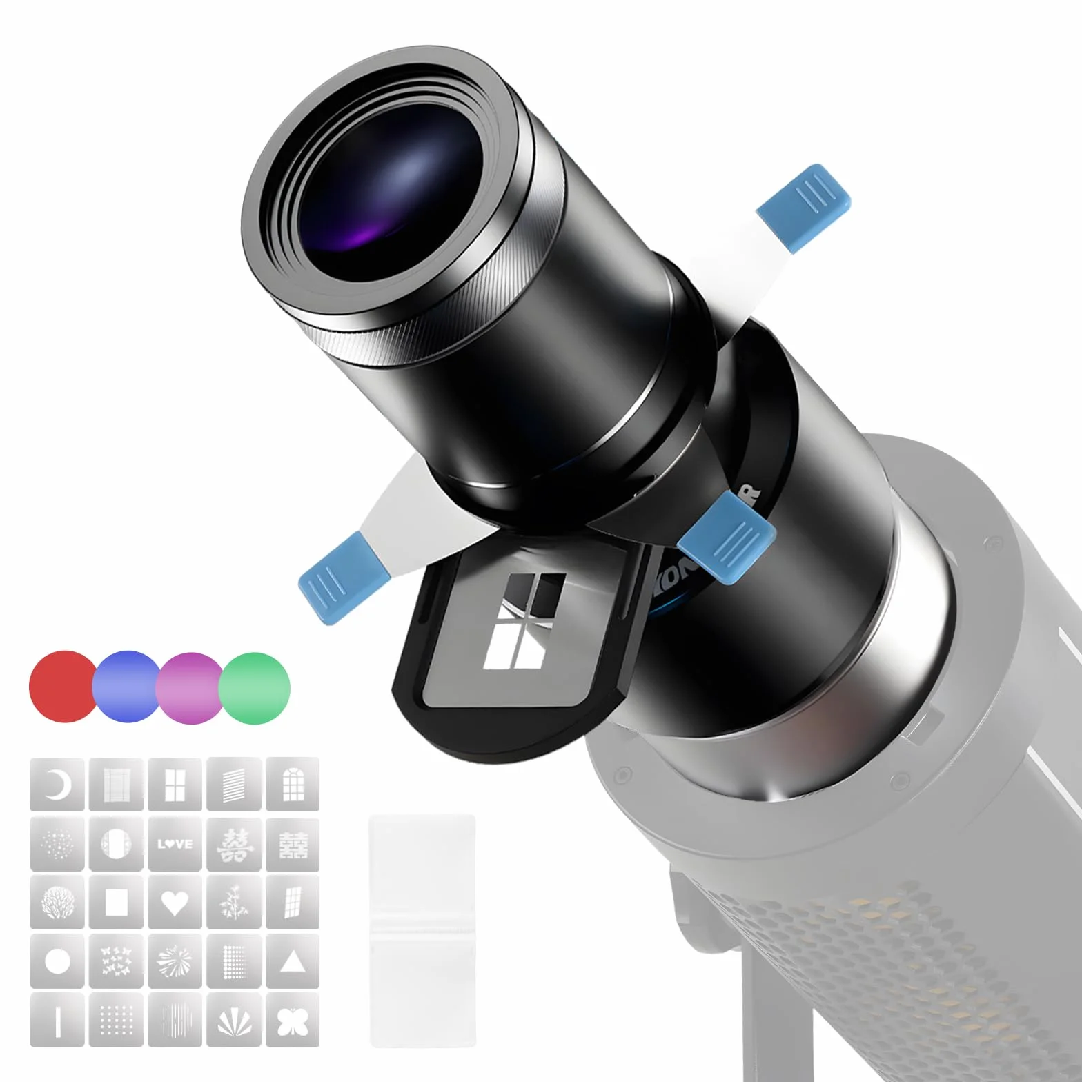 Soonpho KF80 Snoot óptico para Fotografía con Cuerpo de Aluminio con Montura Bowens Ranura para Tarjetas Magnéticas 5 Veces más Brillante con 4 Filtros de Color y 25 Patrones GOBO para Fotografía