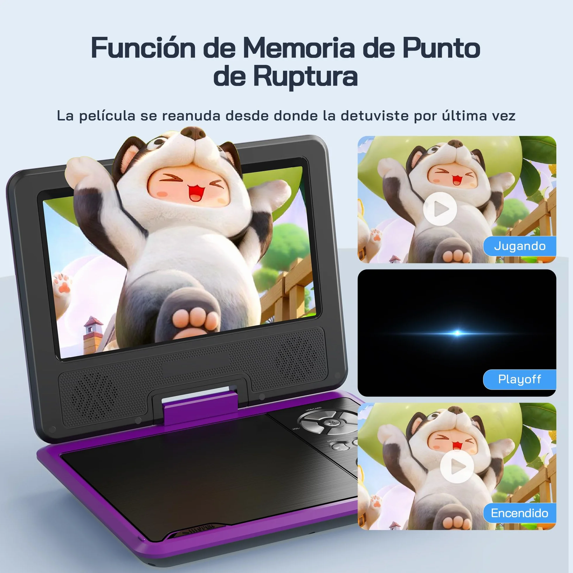 WOLFANG Reproductor DVD Portátil 9,5 Pulgadas Niños Coche Pantalla HD Giratoria 7,5 Pulgadas Altavoces Estéreo 6h Autonomía Púrpura
